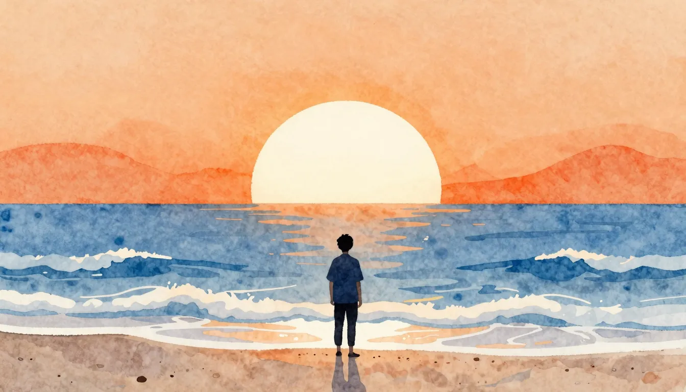 Watercolor style. A silhouette of a person standing on a bea...