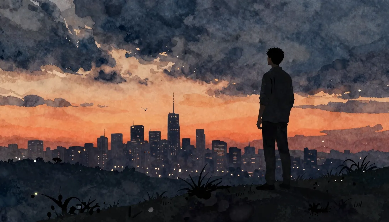 Watercolor style. A lone silhouette of a man stands on a hil...