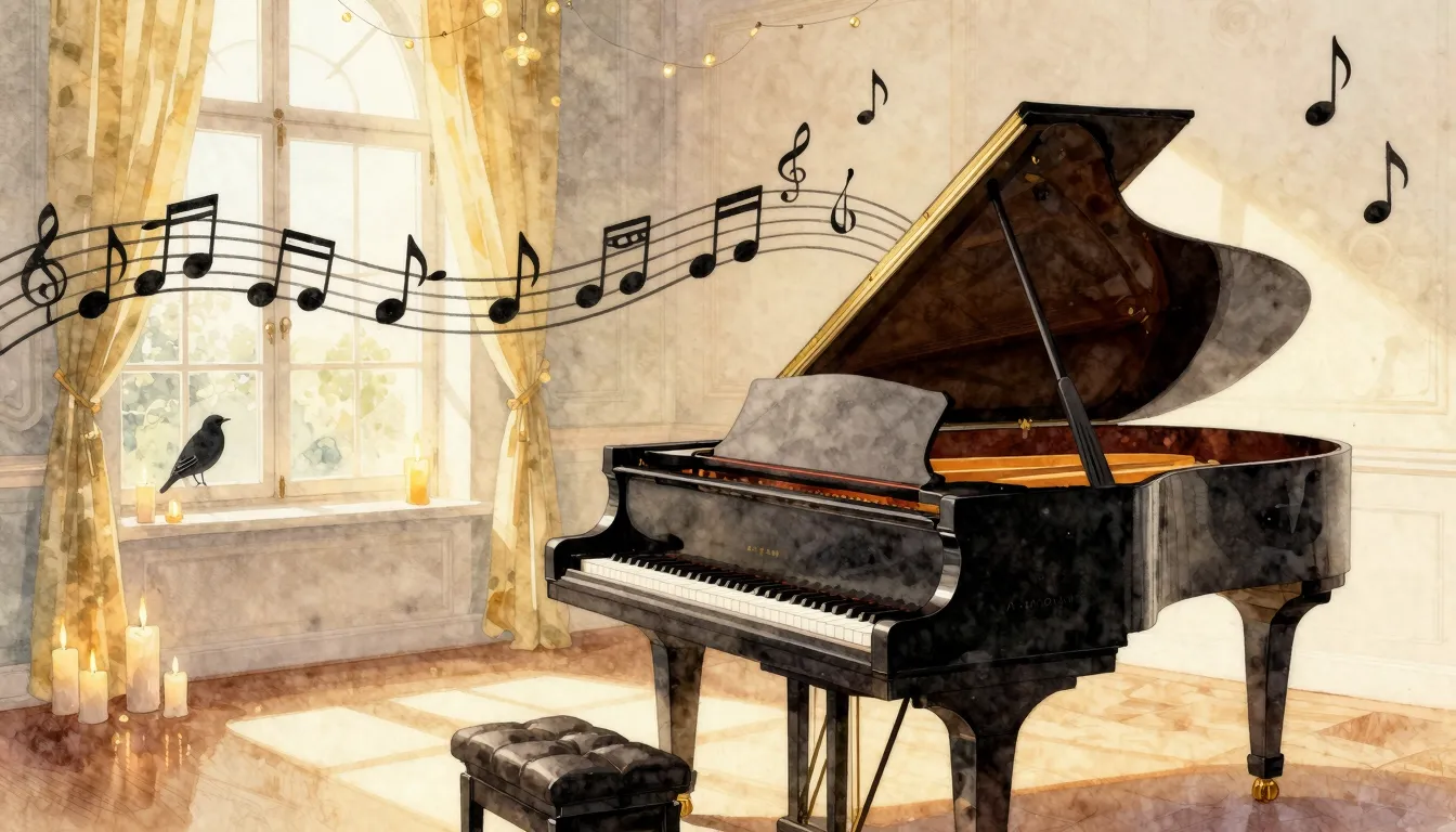 Watercolor style. A grand piano in a sunlit room with floati...