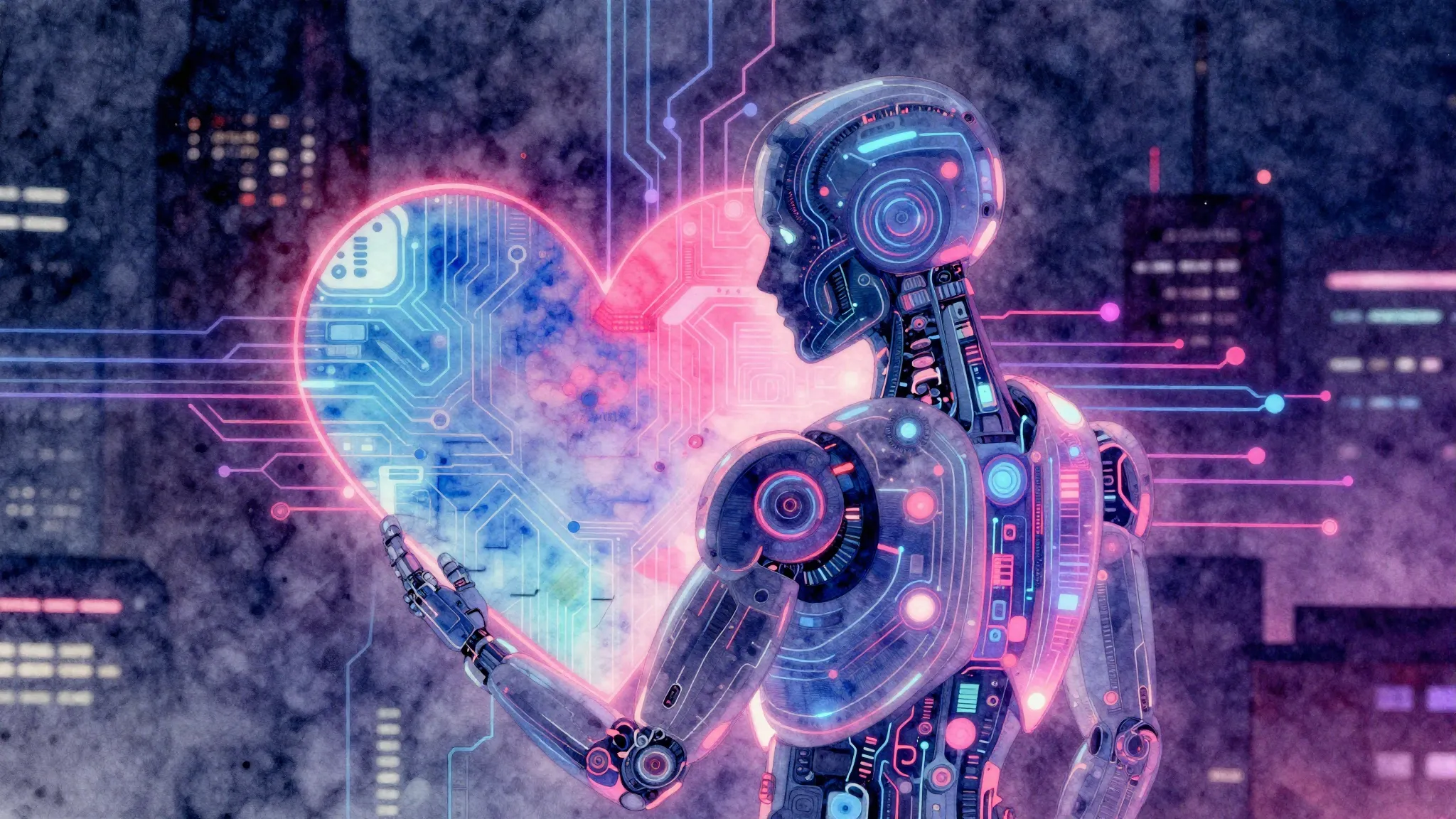 Vibrant watercolor style. Cyberpunk album art, neon glow, ab...