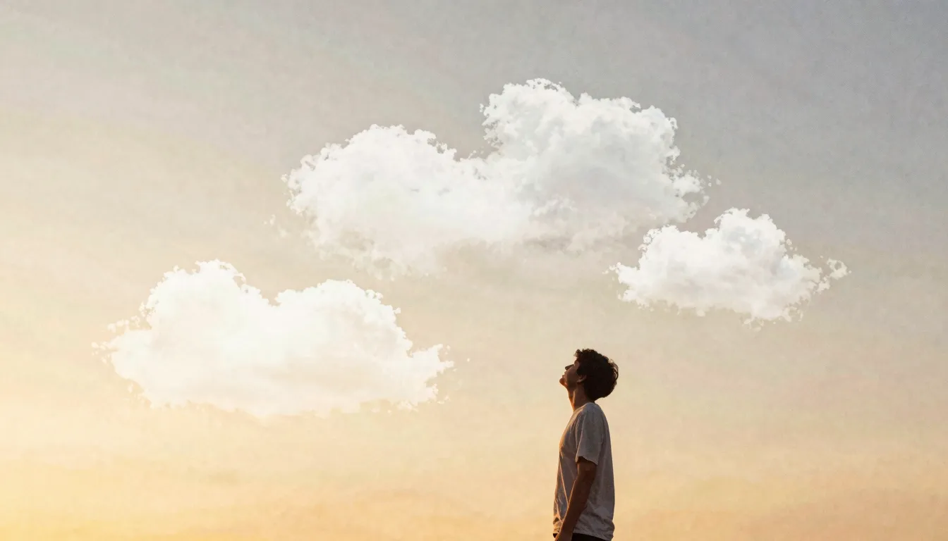 Watercolor style. A soft silhouette of a person looking up a...