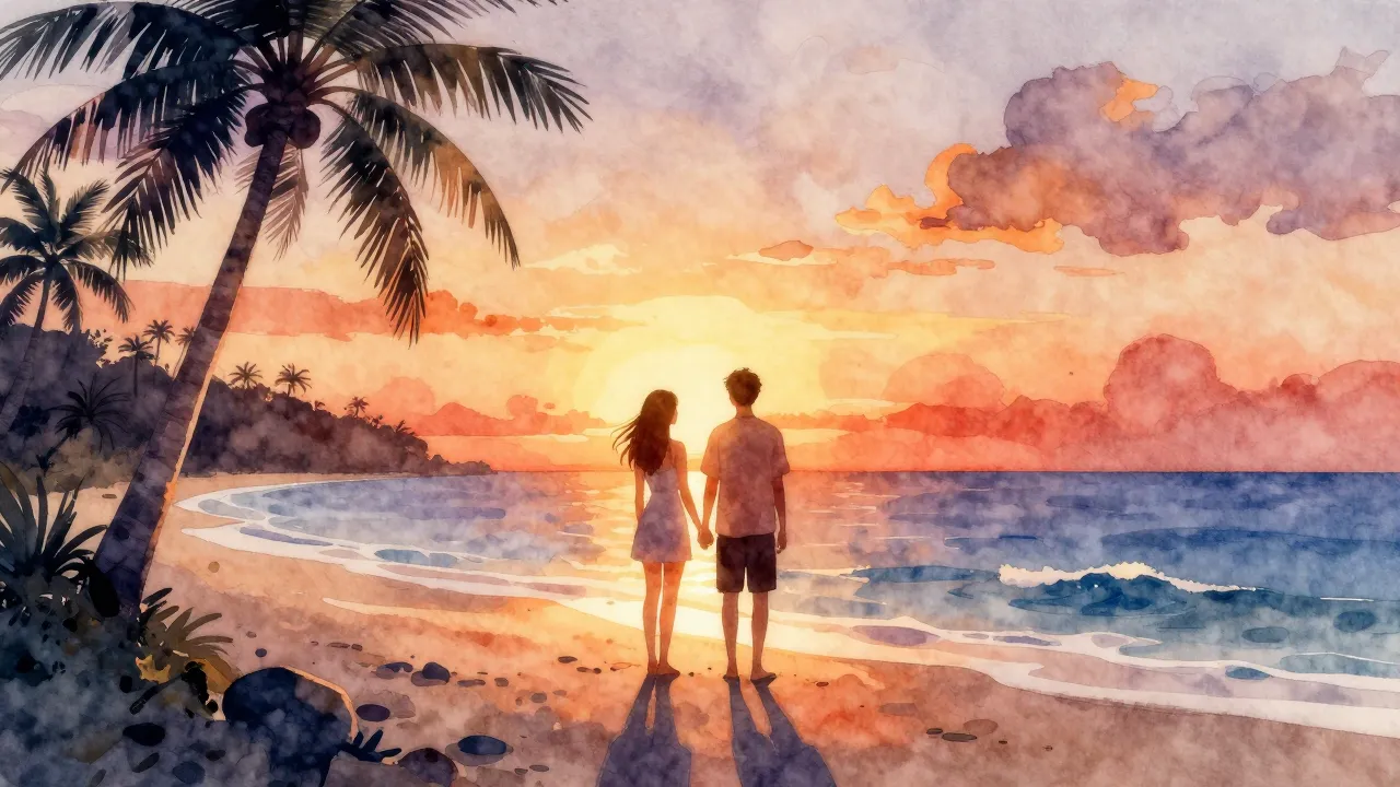 Watercolor style. A glowing silhouette of a couple standing ...