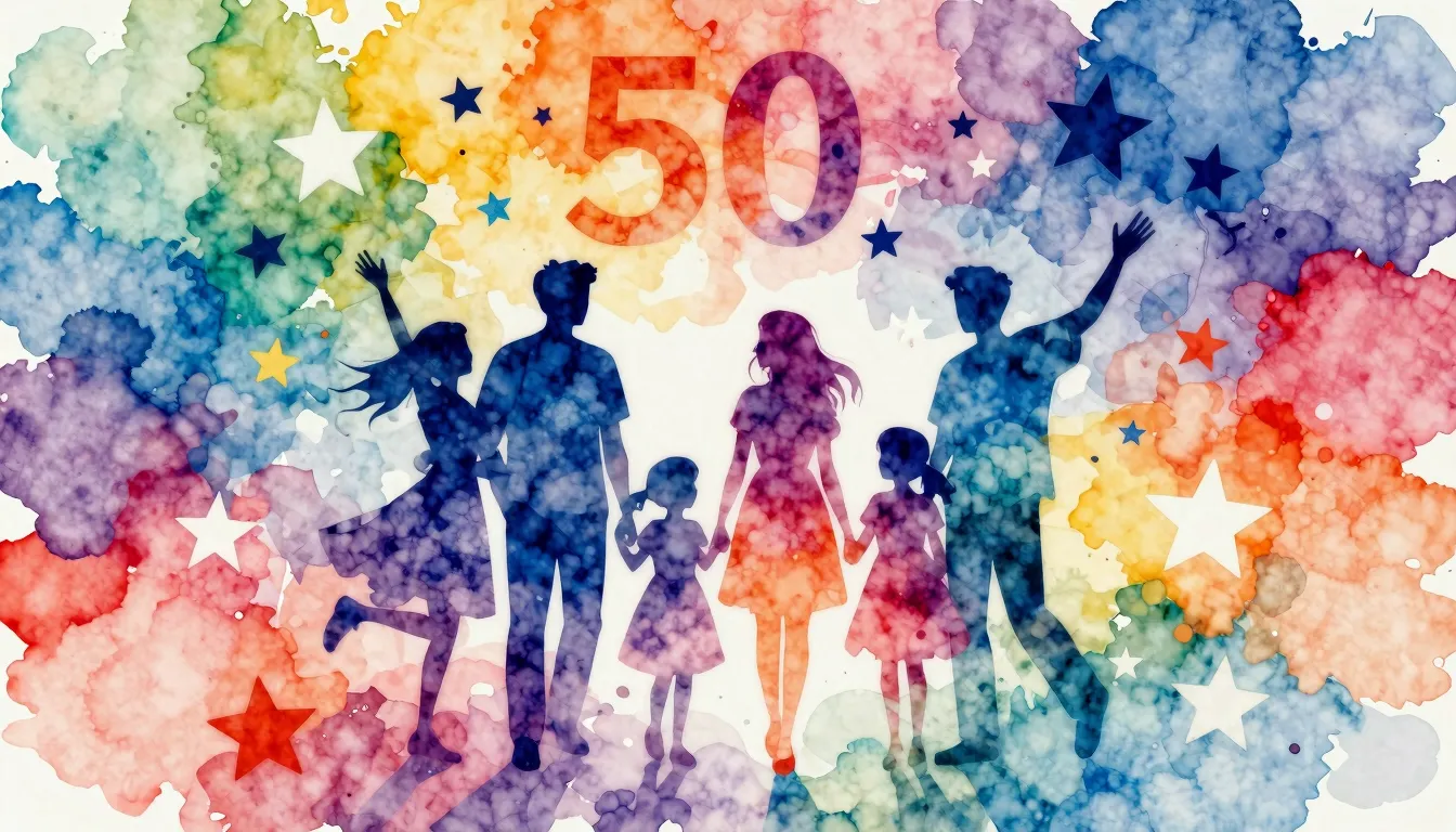 Vibrant watercolor style. Birthday celebration, 50 stars, fr...