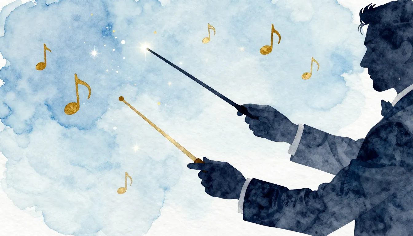 Watercolor style. A stylized silhouette of a conductor's han...