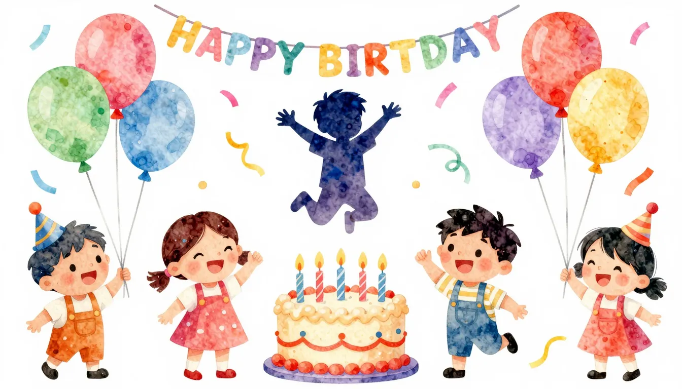 Vibrant watercolor style. Children's birthday party, festive...