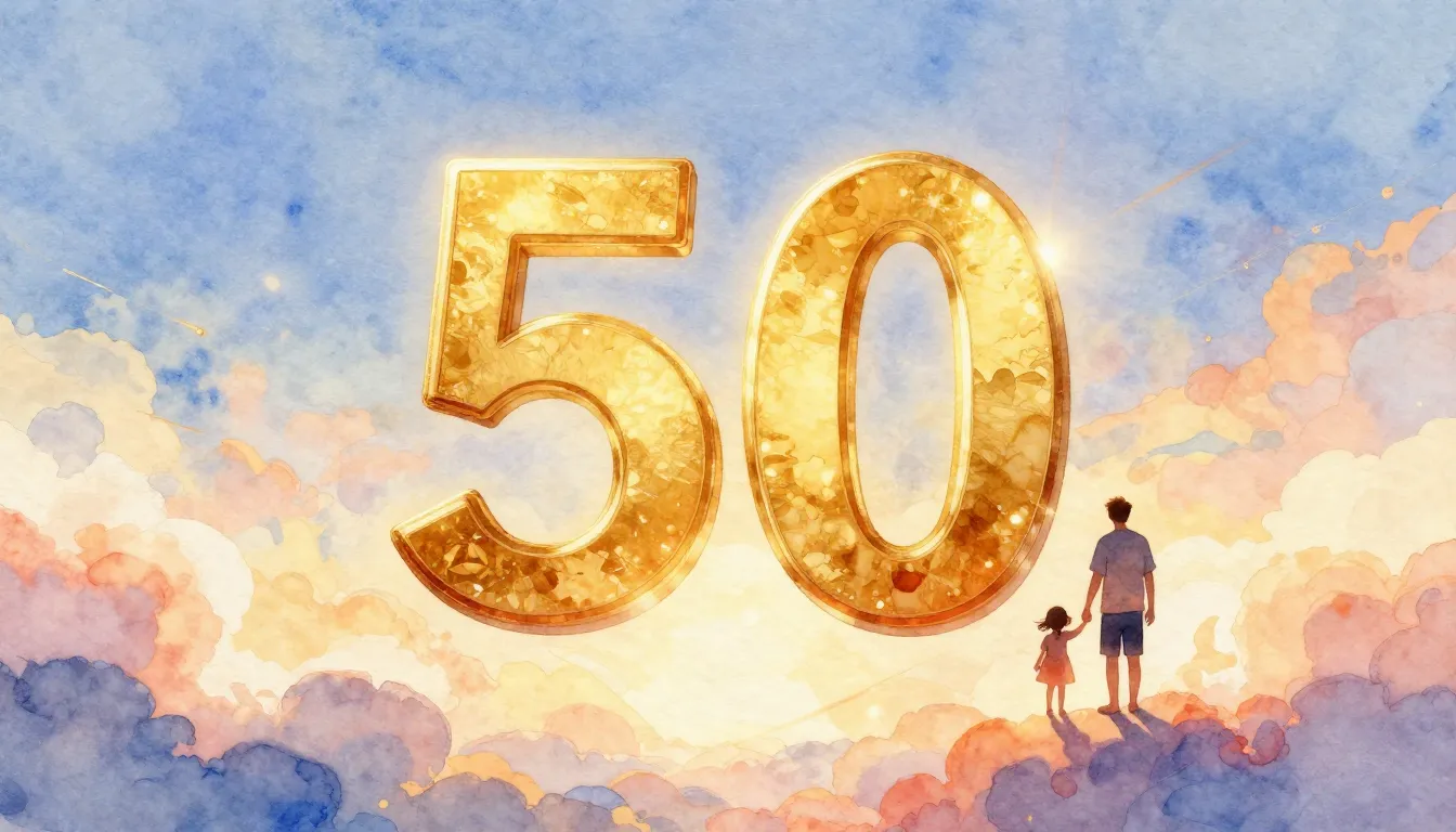 Watercolor style. A golden number 50 floating in the sky, su...