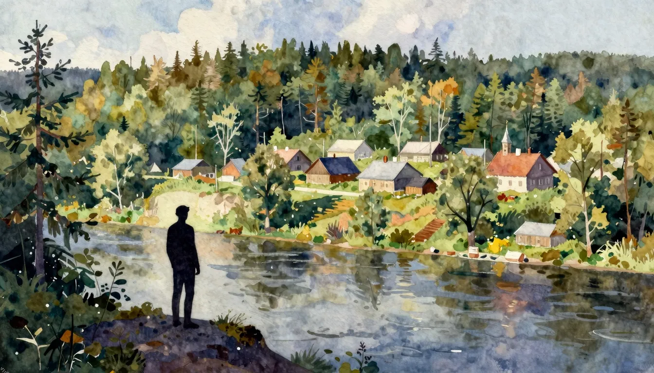 Watercolor style. A peaceful small village in a dense forest...