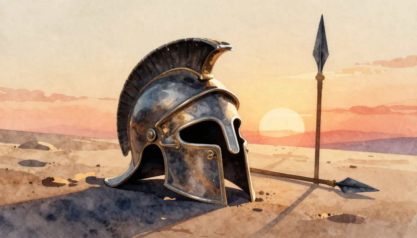 Watercolor style. Ancient Greek helmet lying in the sand, su...