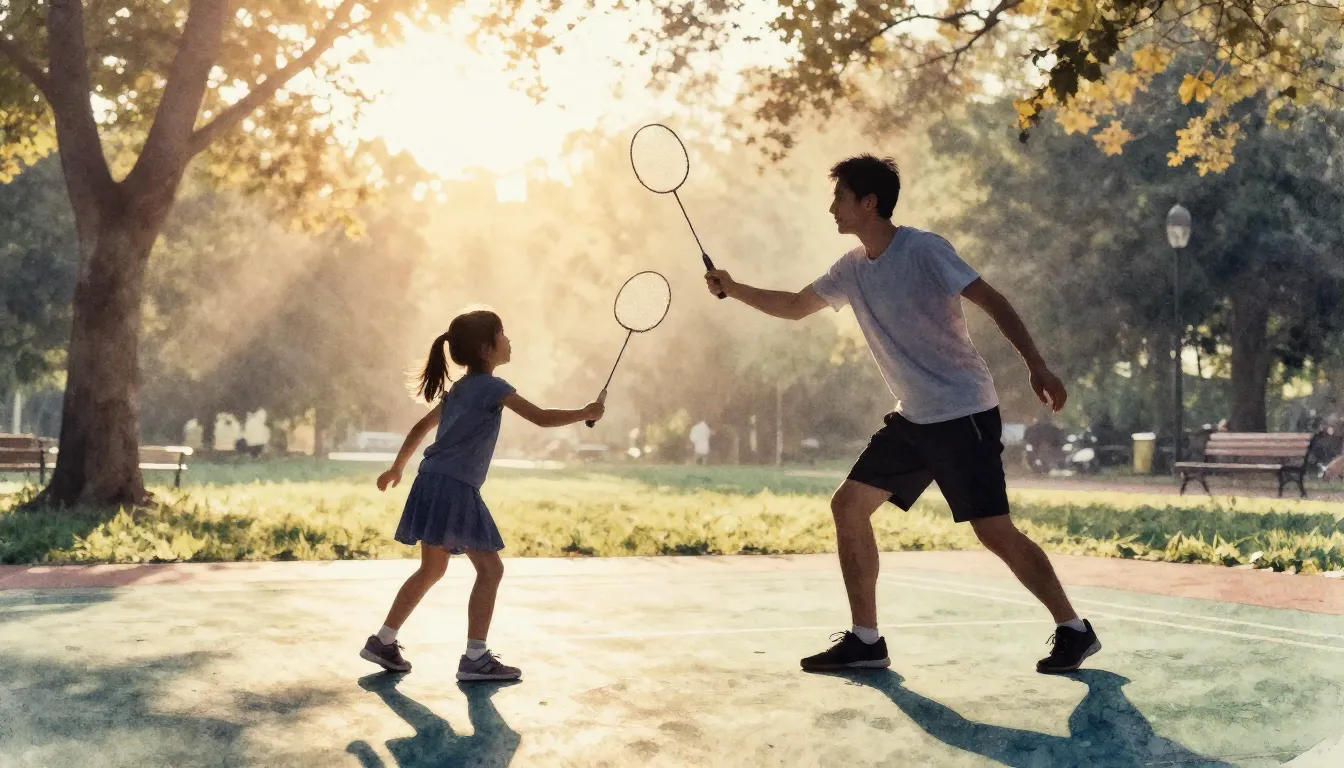 Watercolor style. Silhouette of a father and daughter playin...