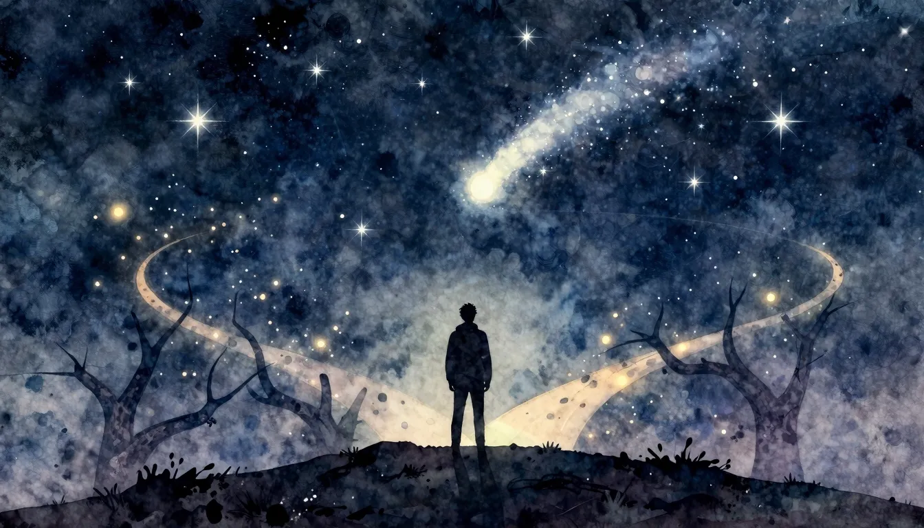 Watercolor style. A silhouette of a person standing on a hil...