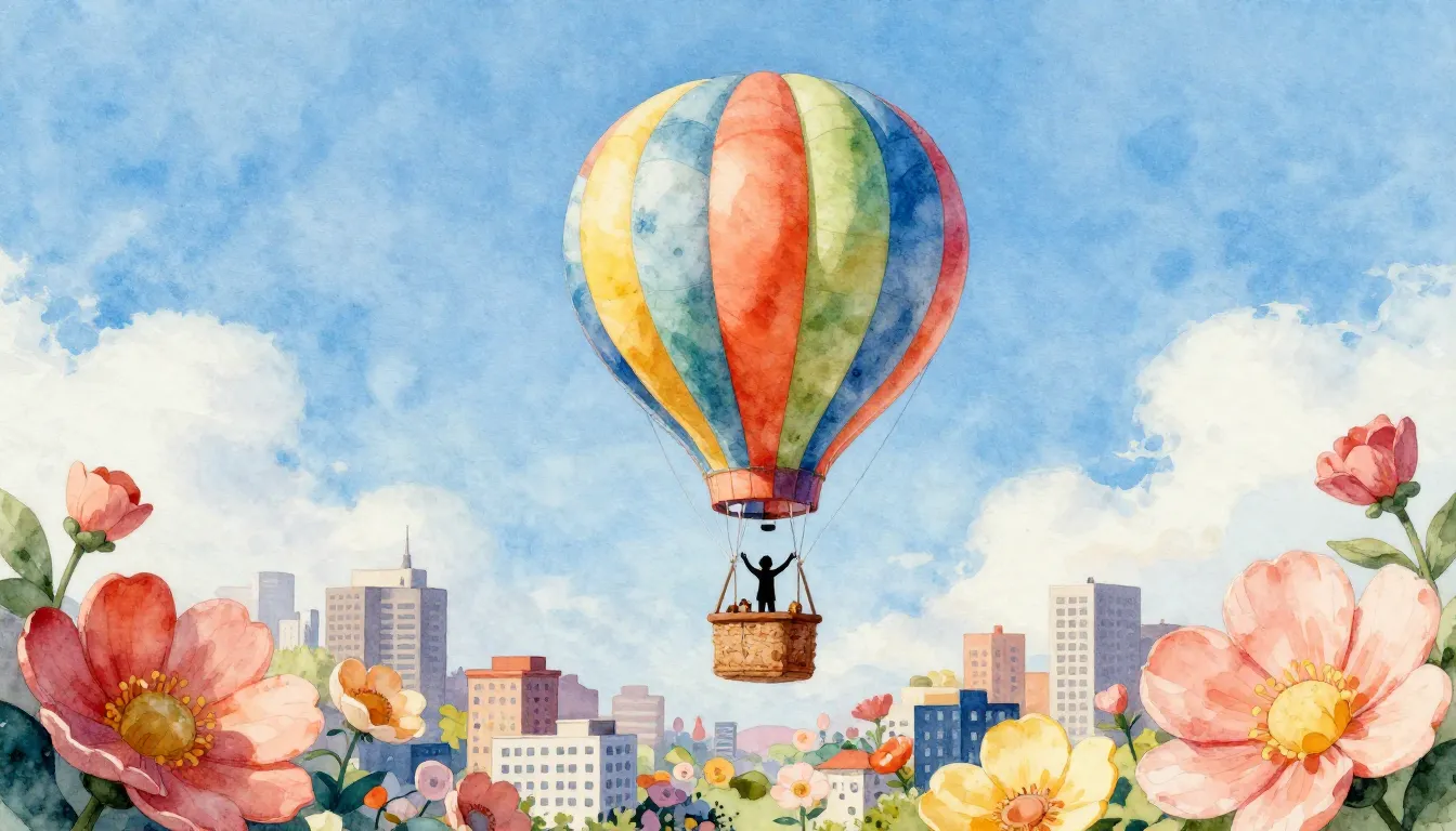 Watercolor style. A colorful hot air balloon floating over a...