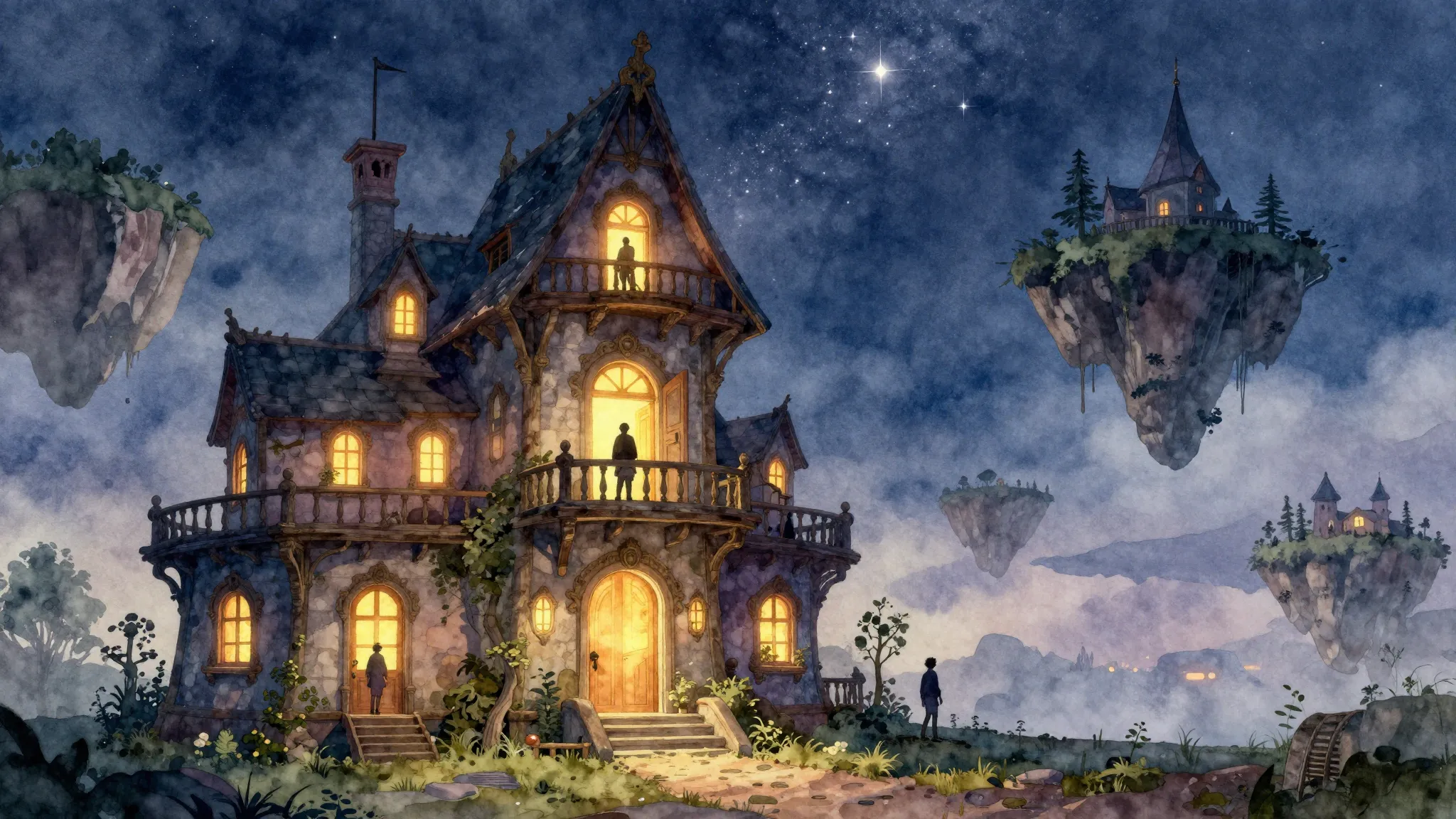 Watercolor style. A magical multi-story house, glowing doors...