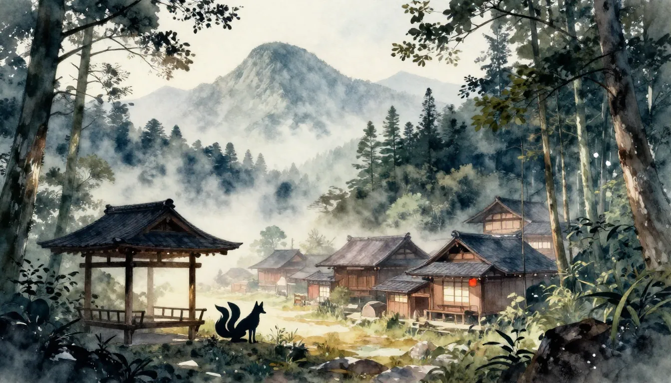 Watercolor style. Ancient Japanese village hidden in misty c...