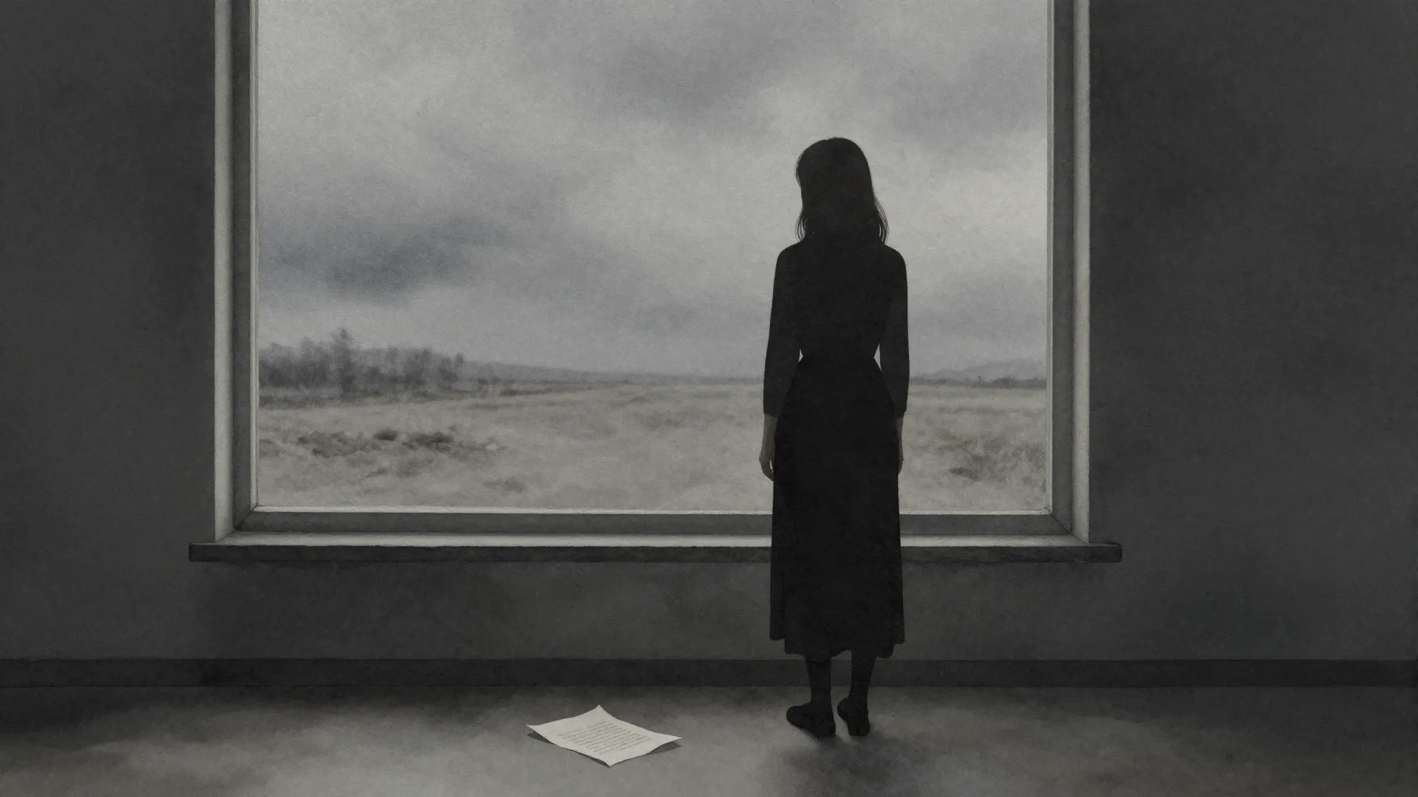 Watercolor style. A lonely female silhouette stands by a win...
