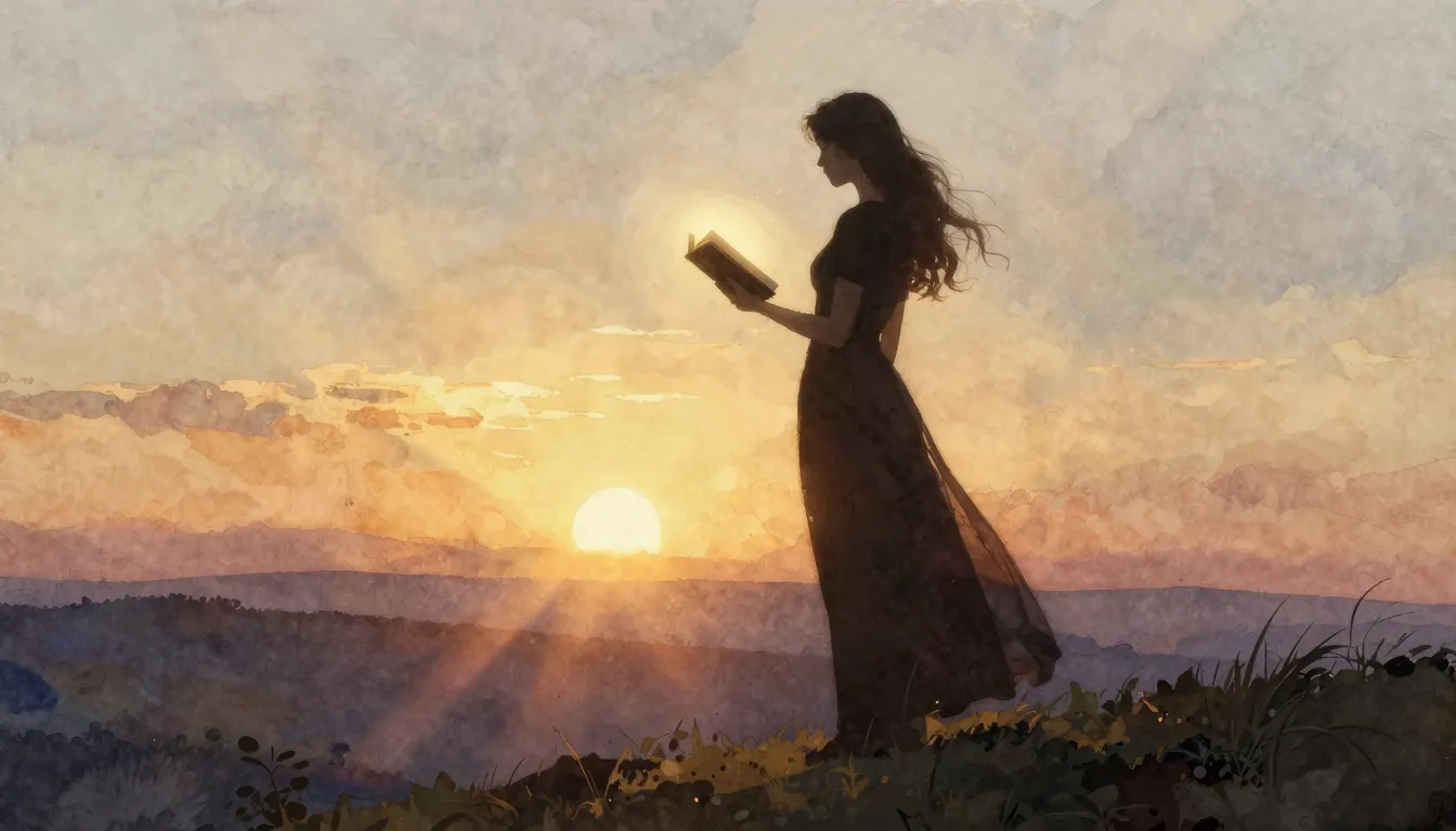 Watercolor style. A silhouette of a woman standing on a hill...