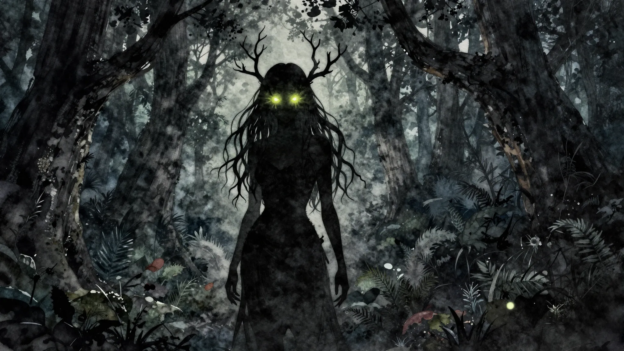 Watercolor style. A dark, enchanted forest at night. A myste...