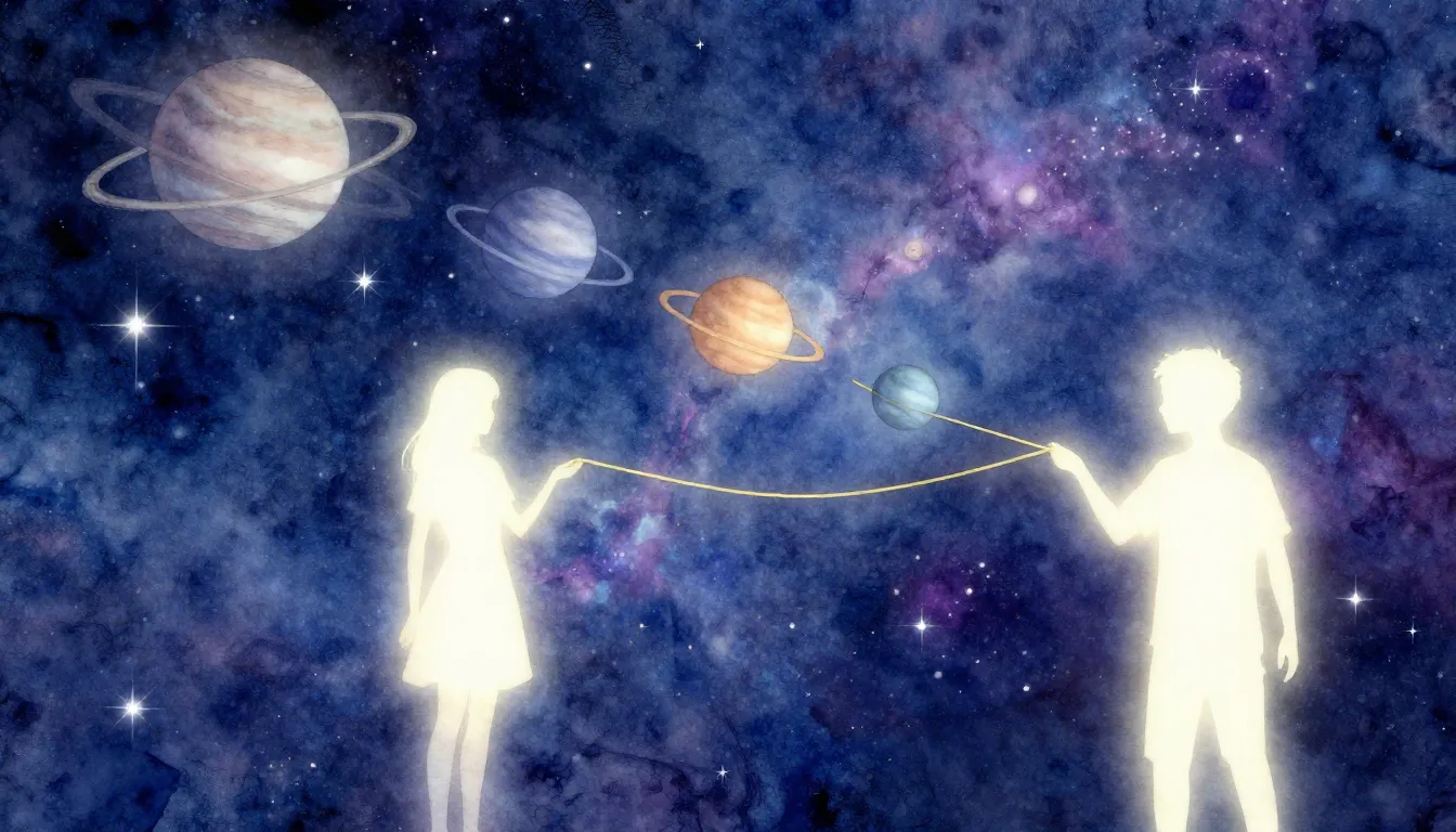 Watercolor style. Two glowing silhouettes connected by a thi...