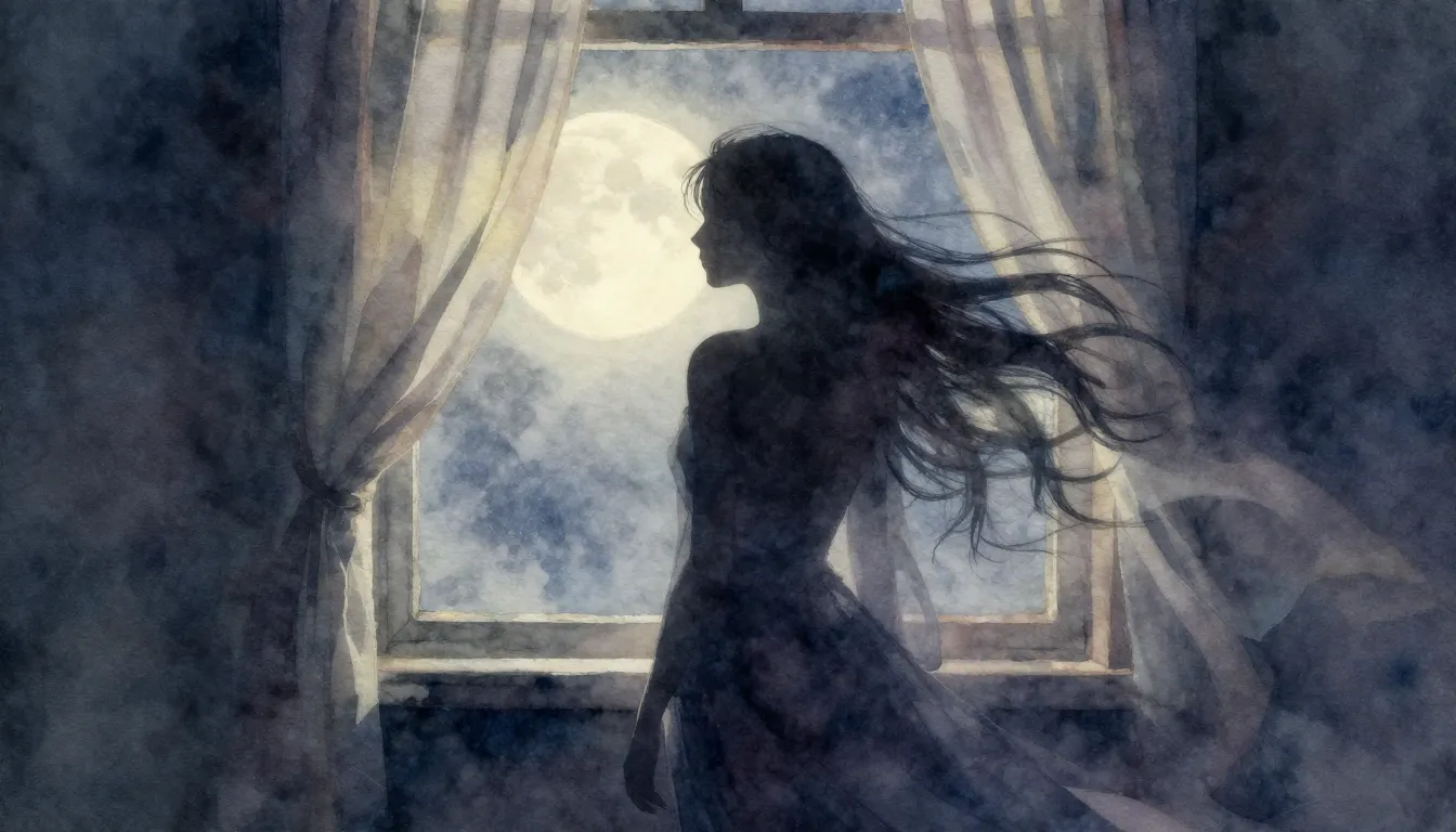Watercolor style. Ethereal silhouette of a spirit near a win...