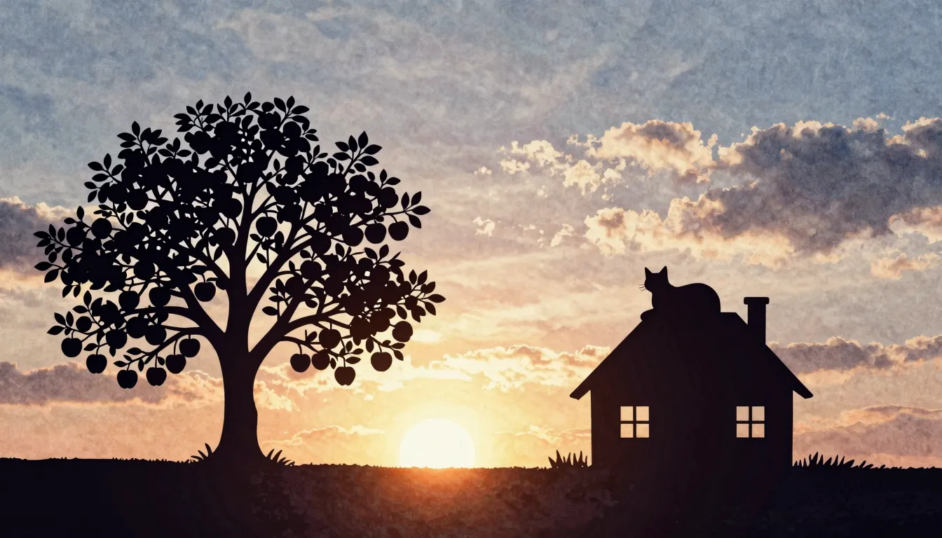 Watercolor style. Silhouette of a small country house with a...