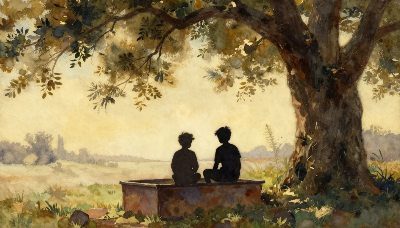 Watercolor style. A silhouette of two young brothers sitting...