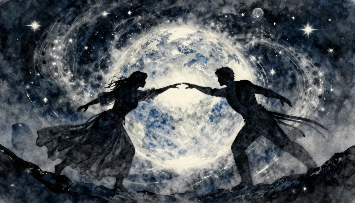 Watercolor style. A dramatic silhouette of two people reachi...