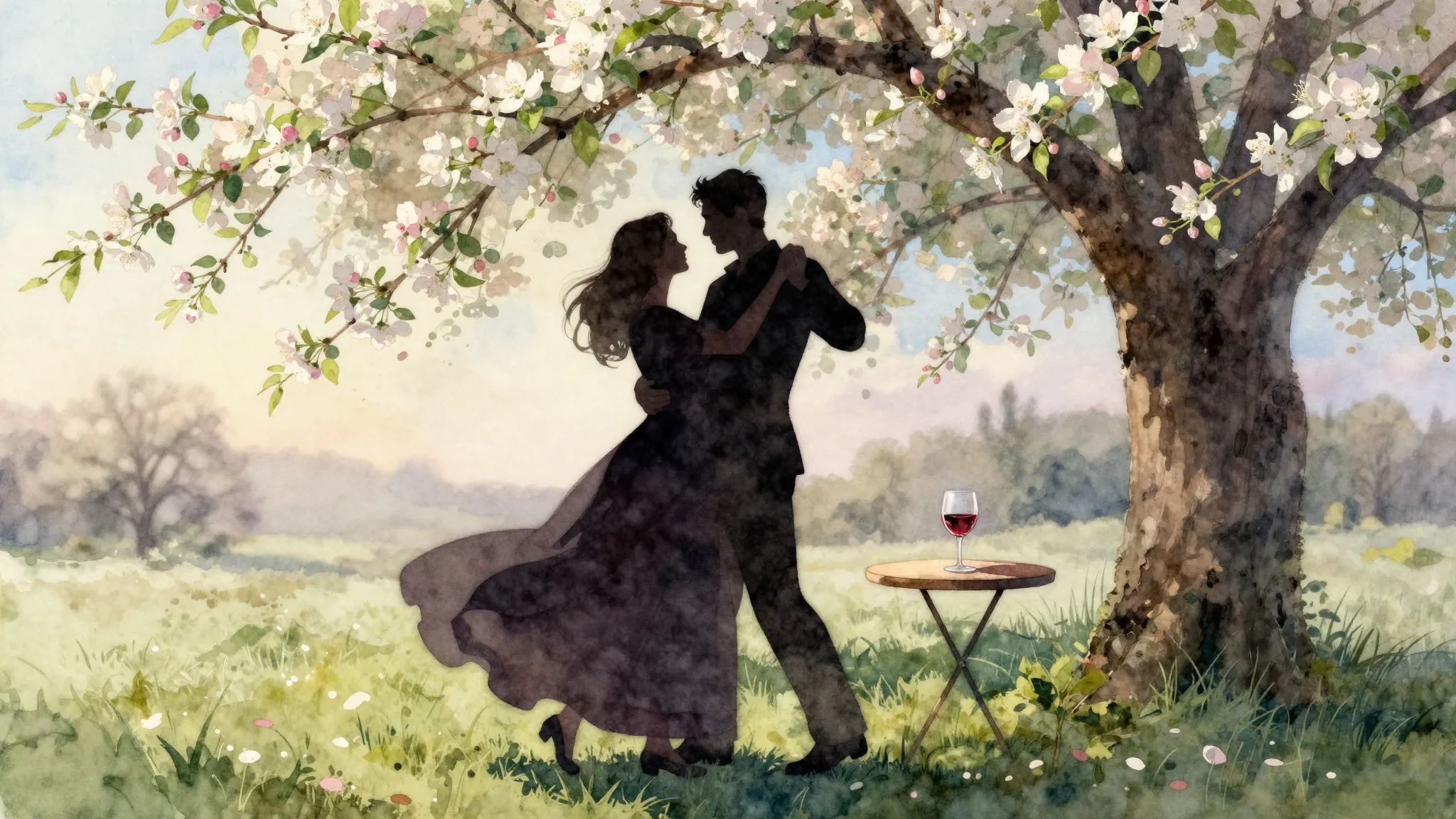 Watercolor style. A silhouette of a couple dancing under a b...