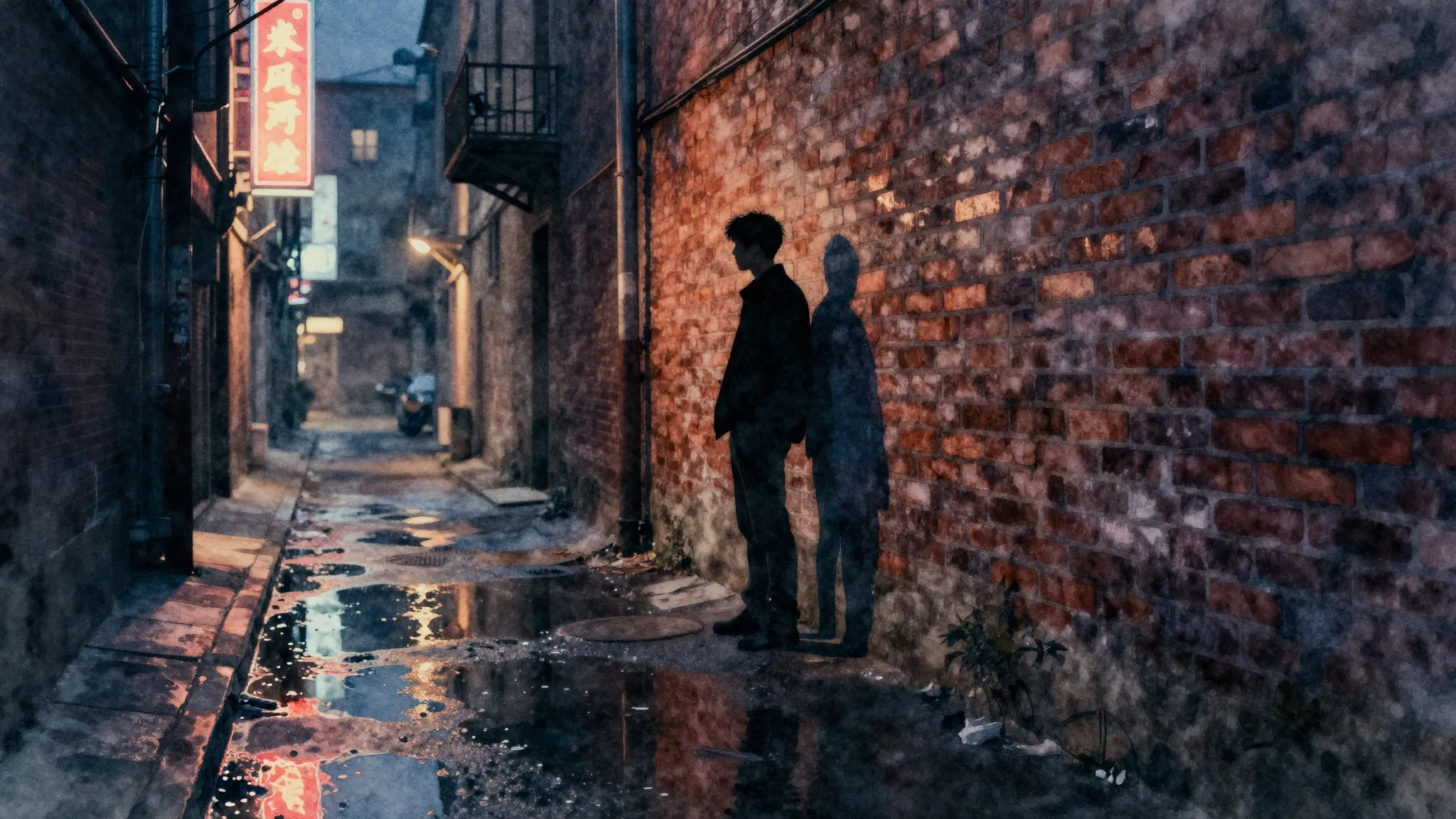 Watercolor style. Dark urban alleyway at night, neon lights ...