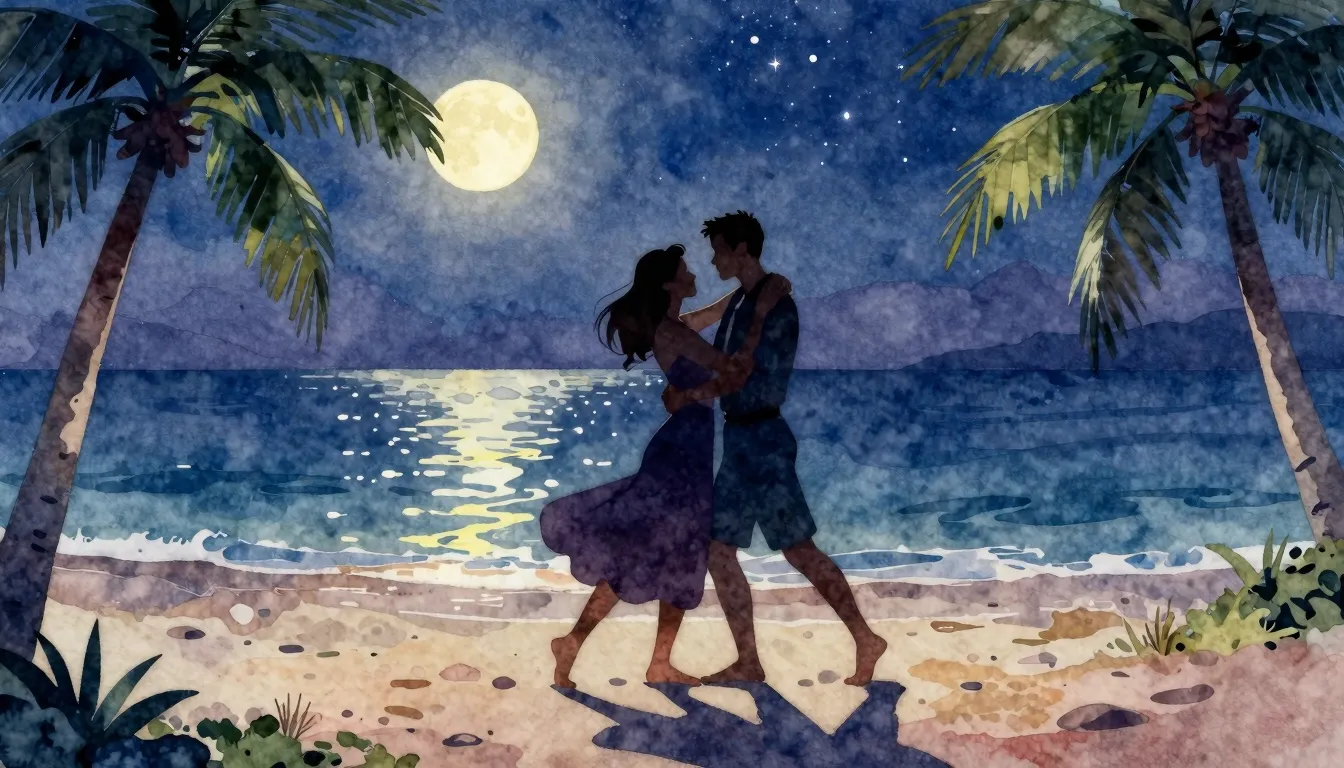 Watercolor style. A silhouette of a couple dancing barefoot ...