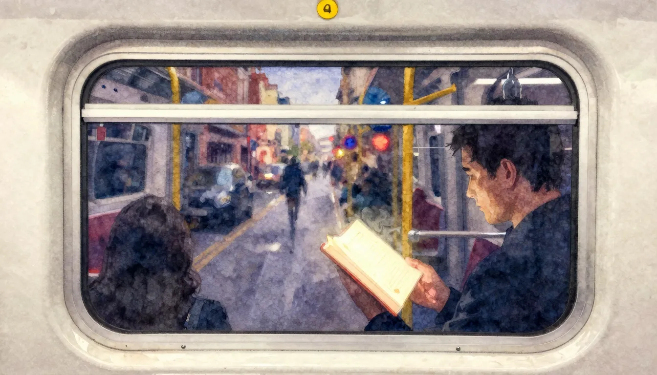Vibrant watercolor style. A metro car window reflecting a bl...
