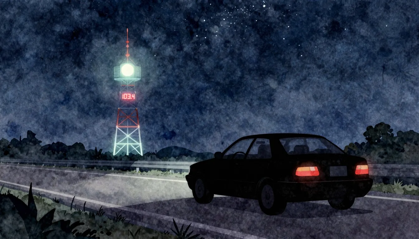 Watercolor style. Silhouette of a car driving on a lonely hi...
