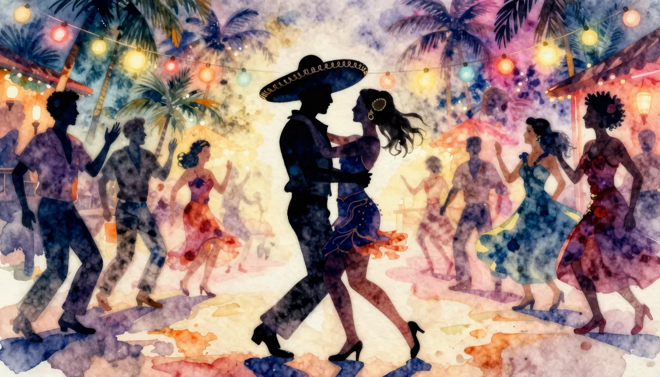 Watercolor style. A silhouette of a man with a huge sombrero...