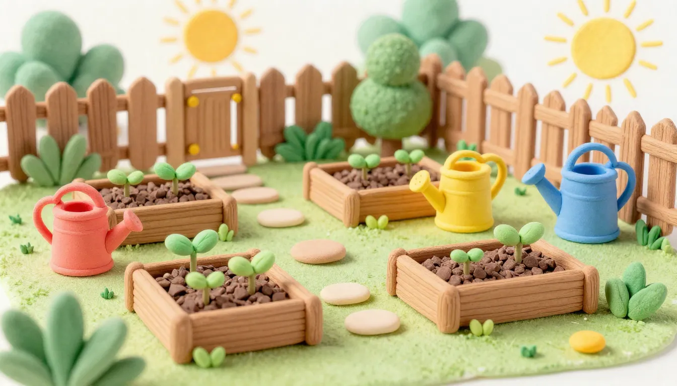 Watercolor style. Miniature kindergarten garden with small w...