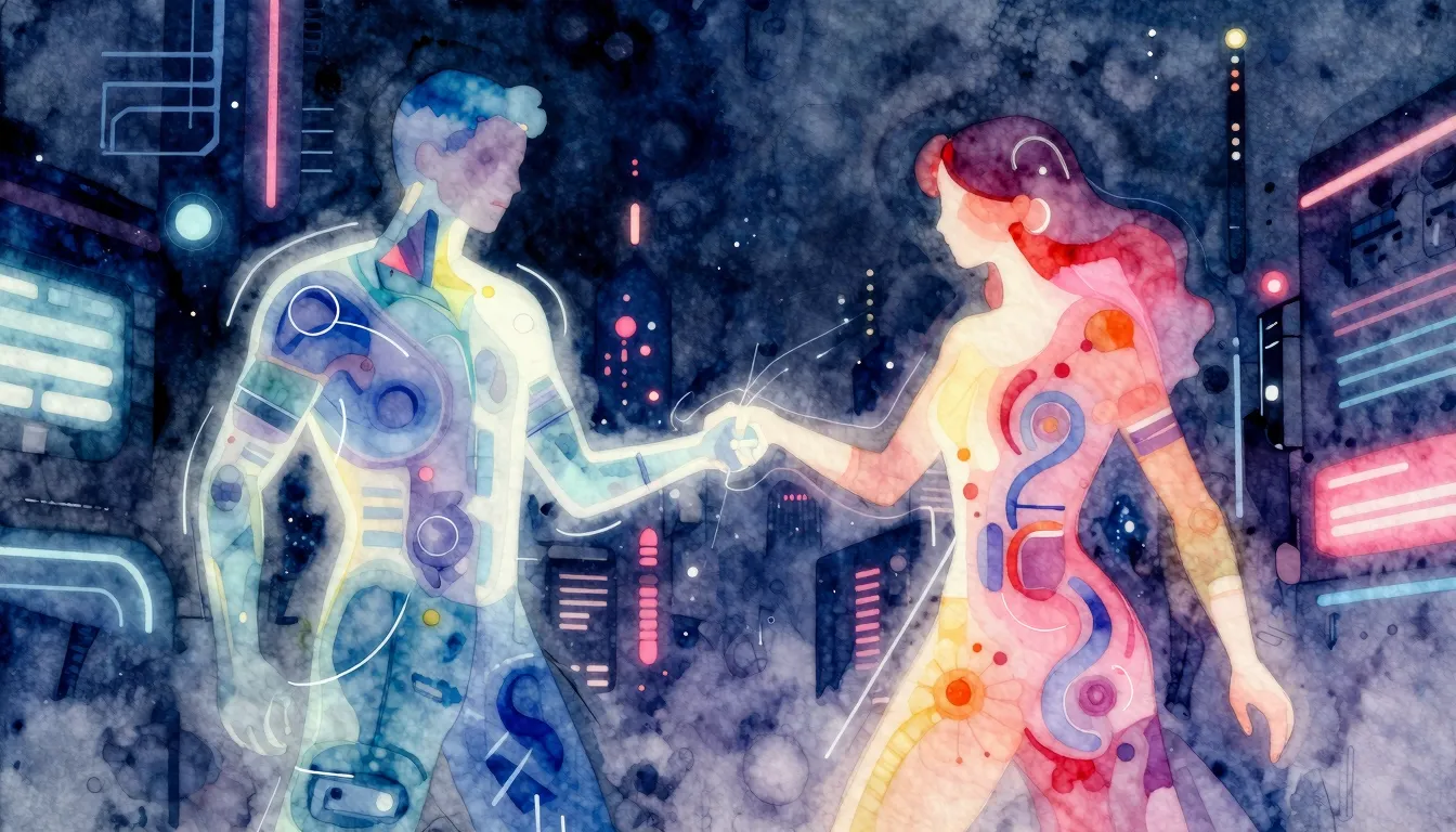 Vibrant watercolor style. Cyberpunk album cover: two abstrac...