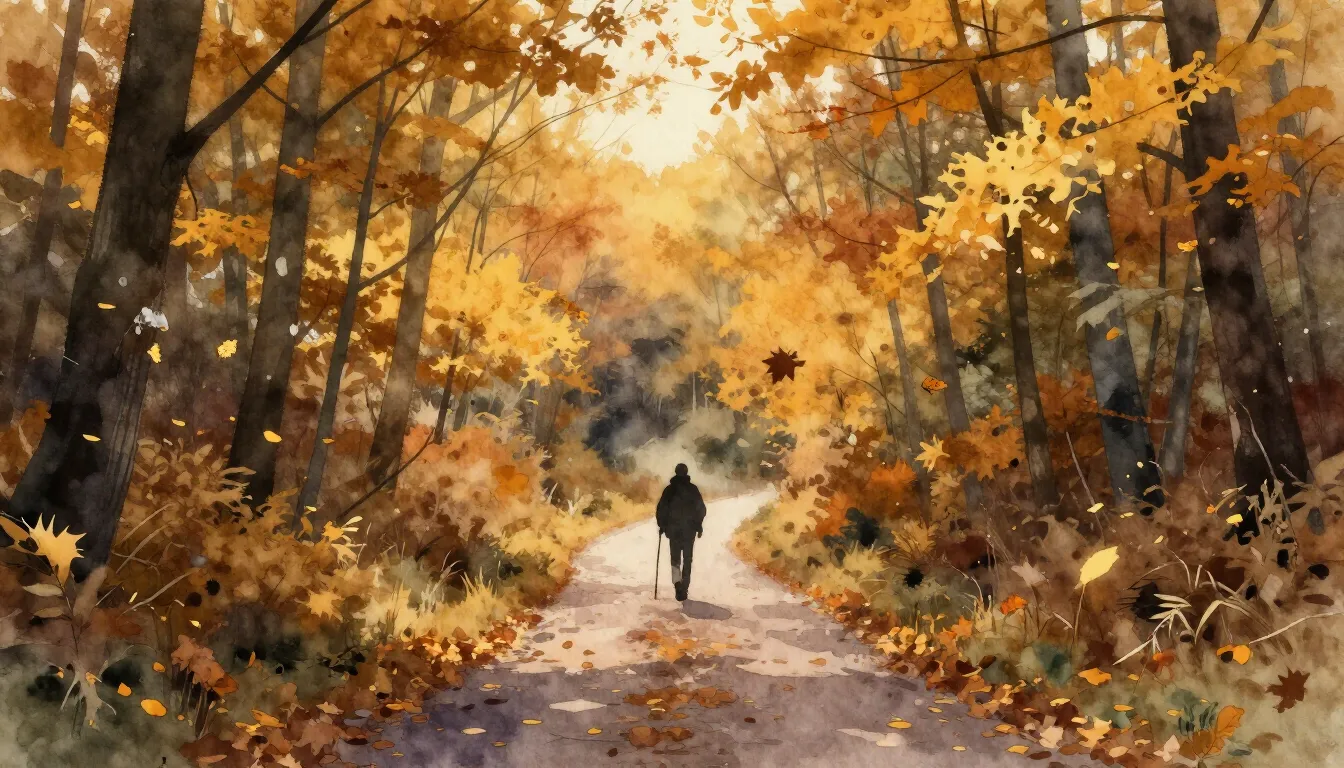 Watercolor style. A lonely path winding through an autumn fo...