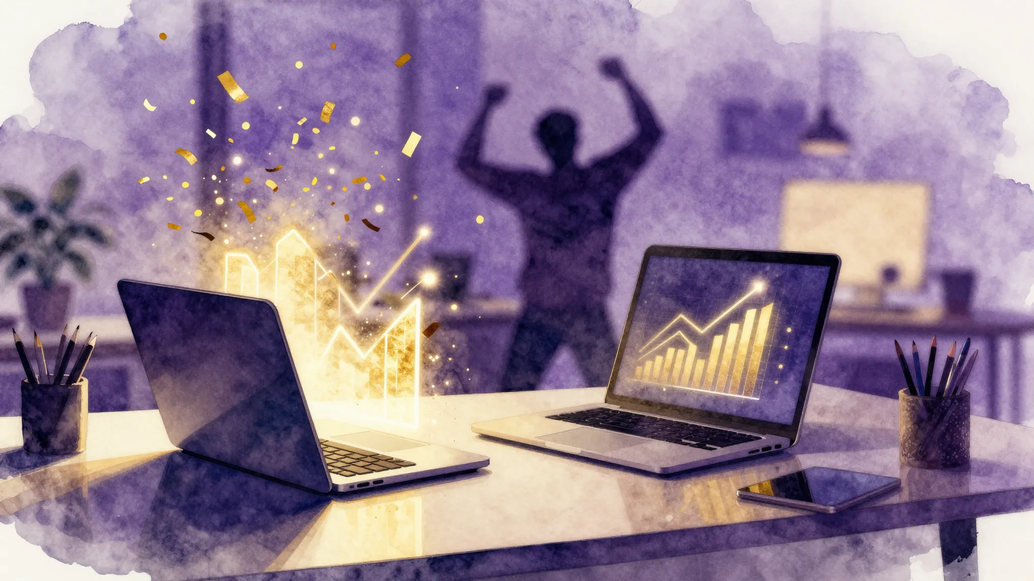 Watercolor style. Abstract neon office desk with a laptop an...