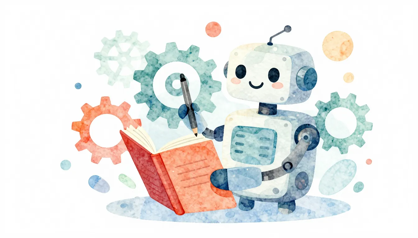 Watercolor style. A friendly, smiling robot holding a pen an...