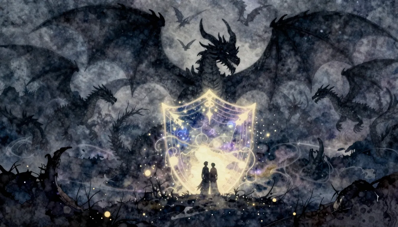 Watercolor style. A dark fantasy landscape with silhouettes ...