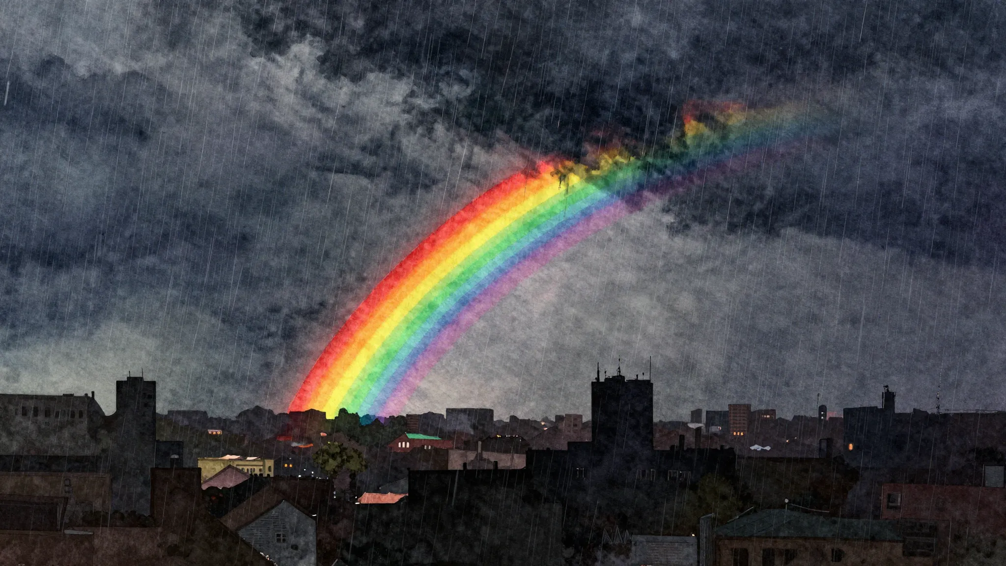 Vibrant watercolor style. Reggae album cover: Dark stormy sk...