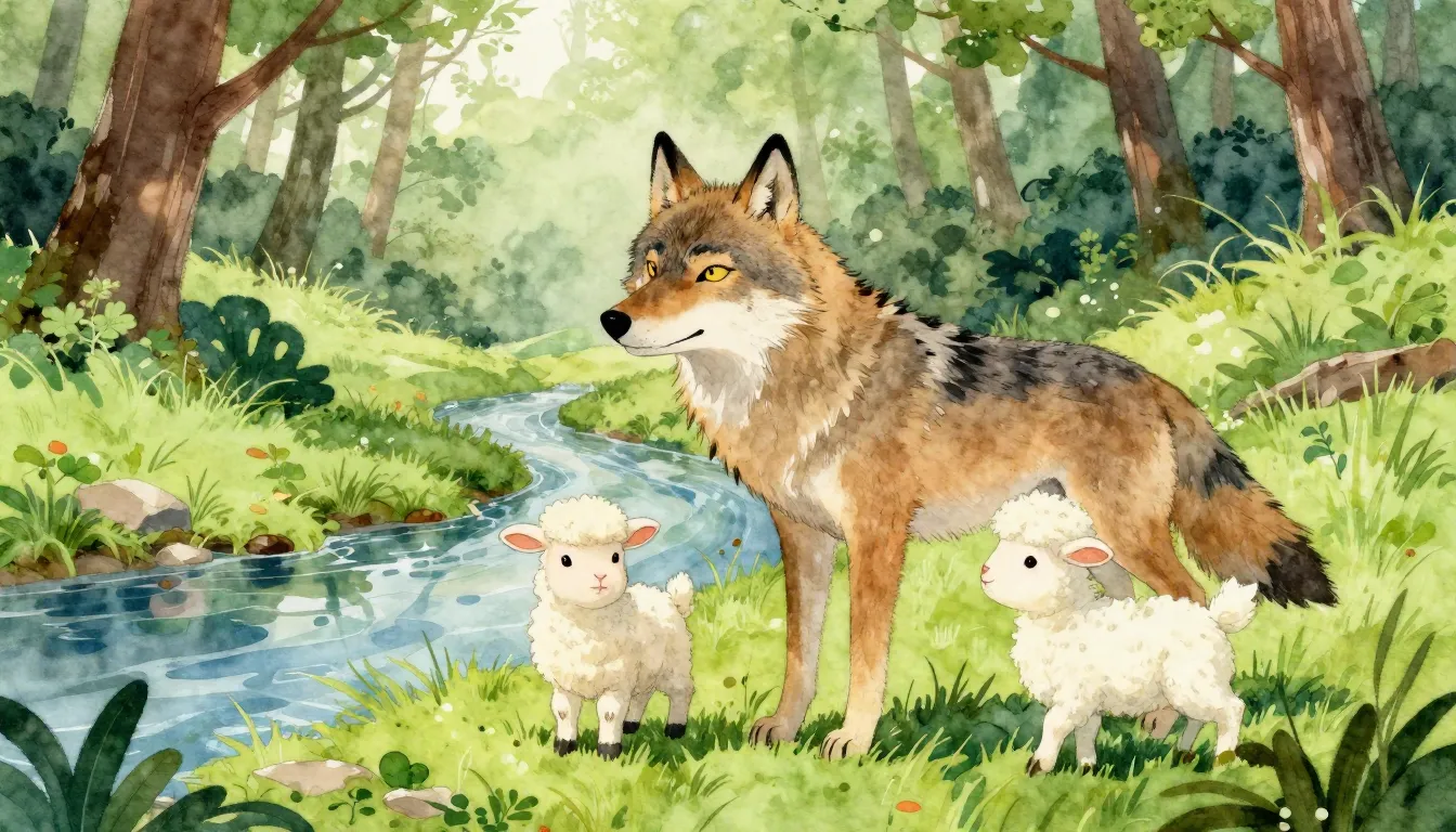 Watercolor style. A friendly wolf and a small fluffy lamb st...