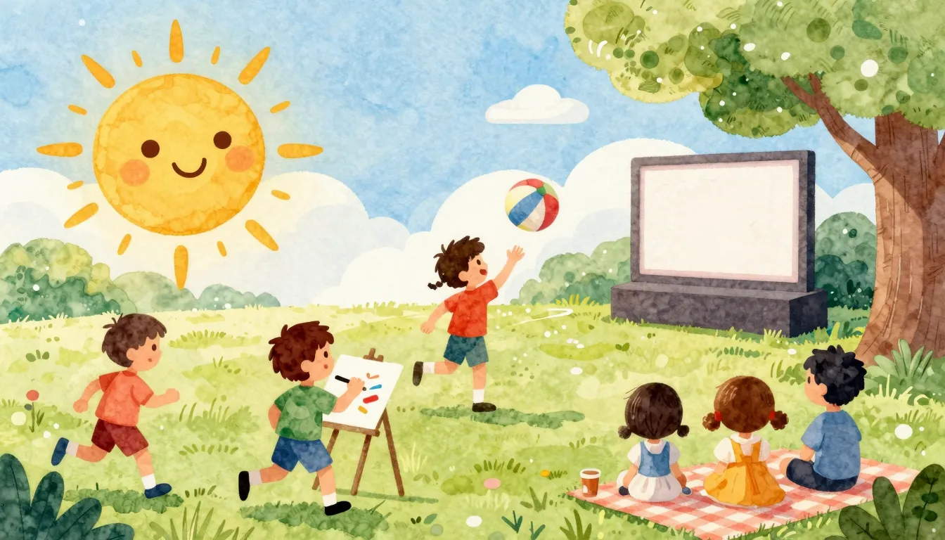 Watercolor style. A playful, cartoon-style collage of summer...