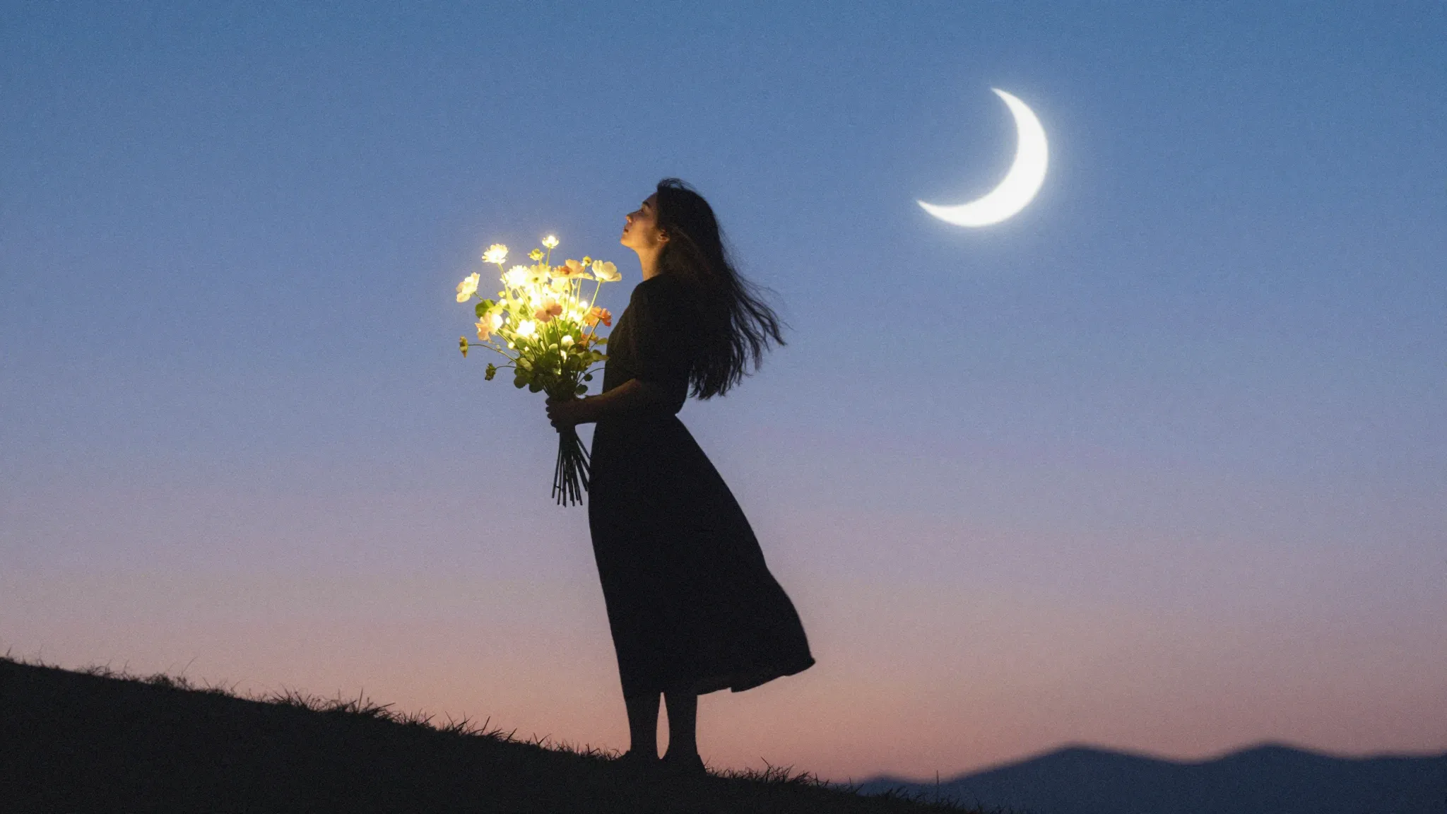 Watercolor style. A dark silhouette of a woman standing on a...