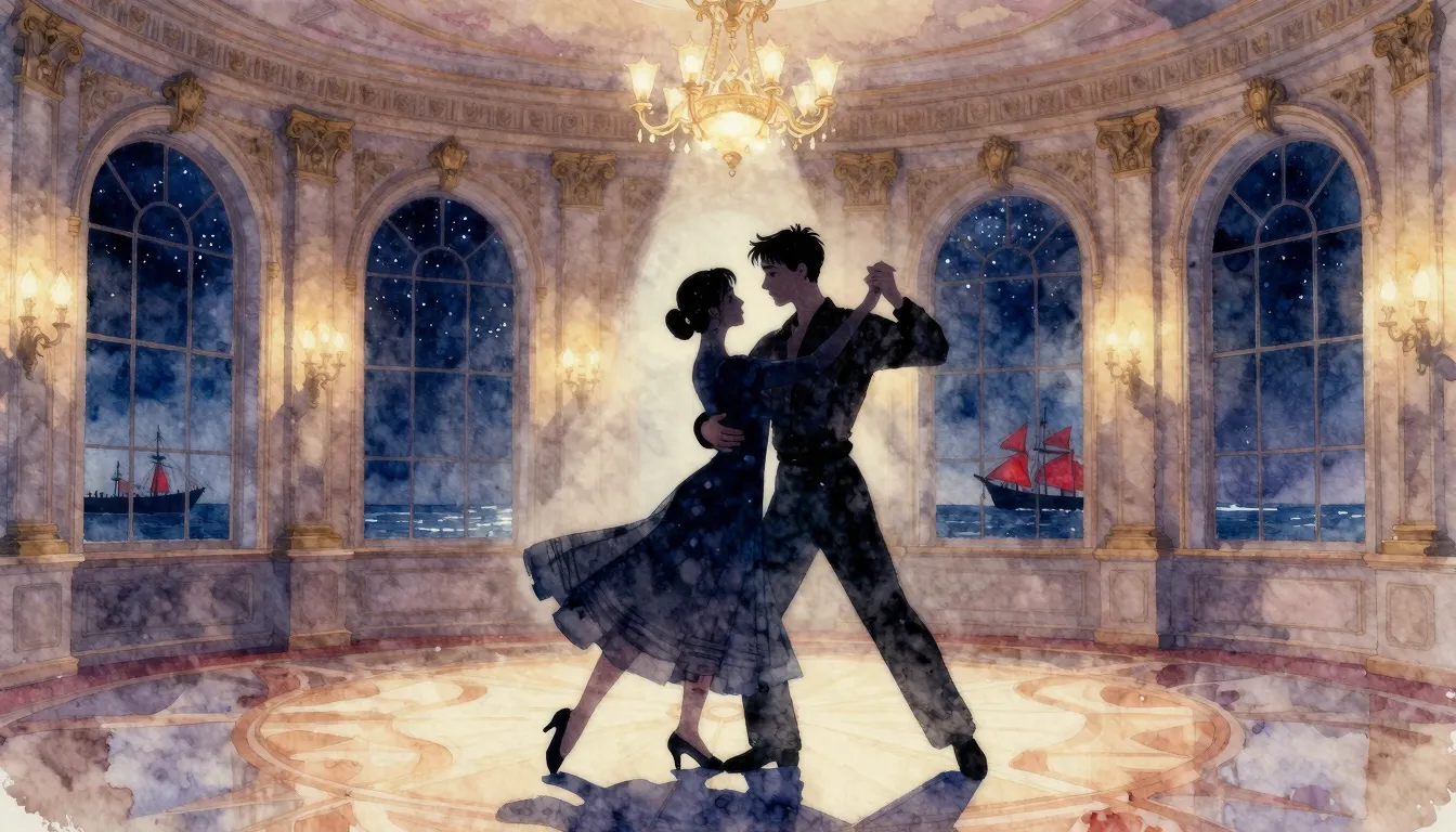 Watercolor style. Silhouettes of a young couple dancing walt...