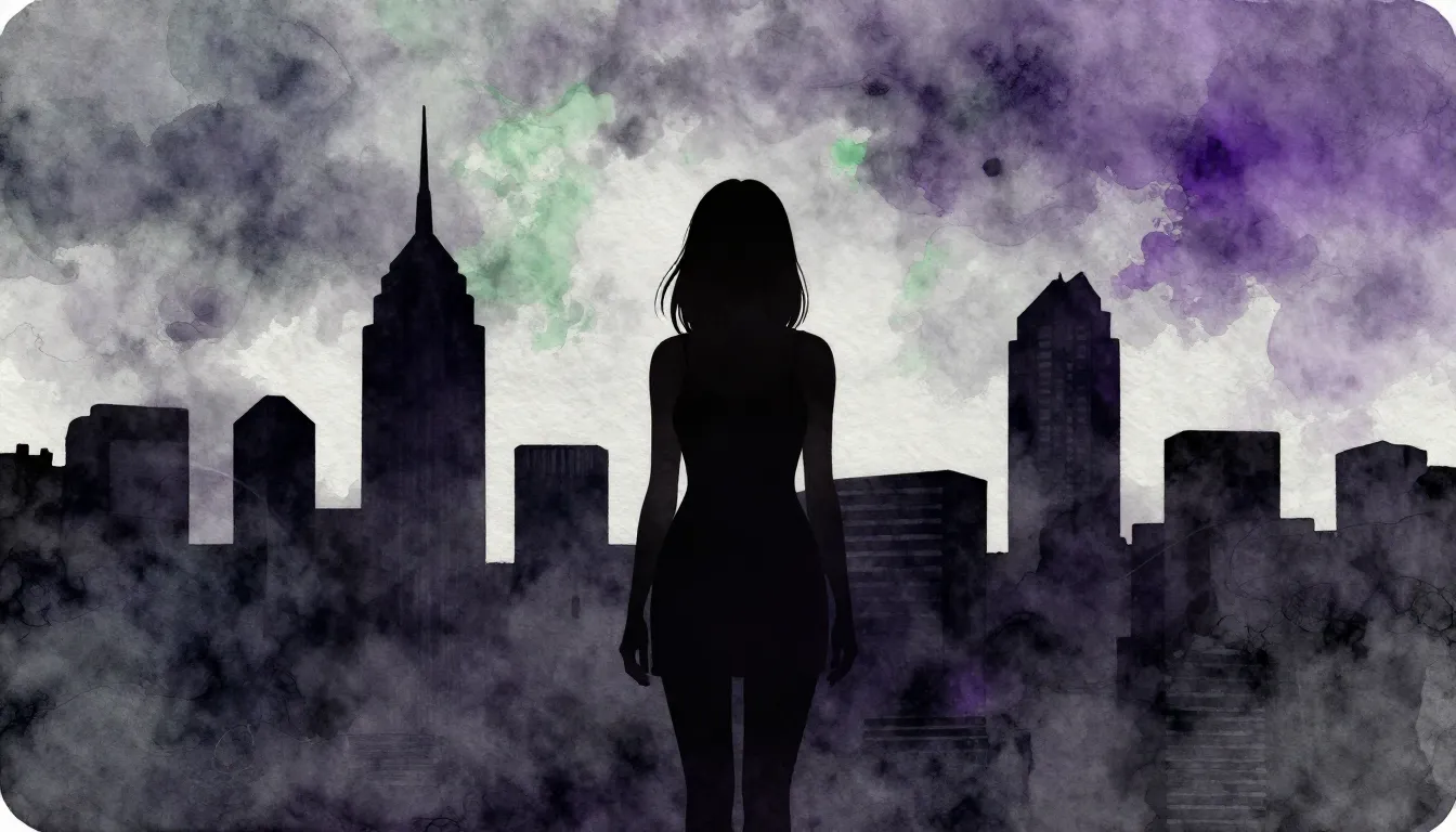 Watercolor style. A dark silhouette of a young woman standin...