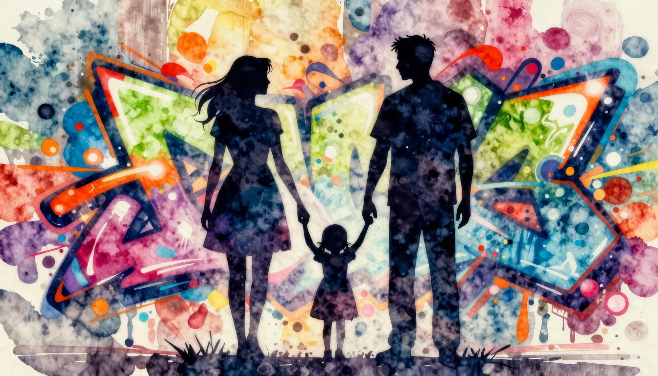 Watercolor style. A silhouette of a man and a woman holding ...
