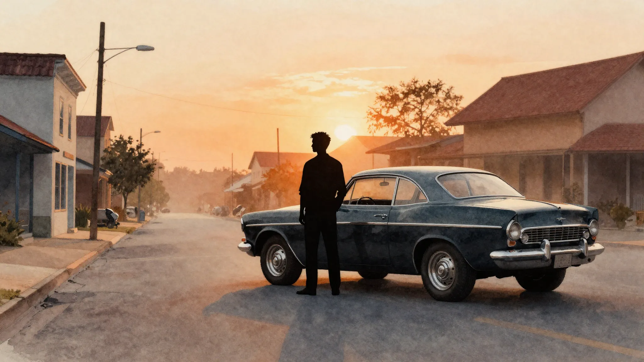 Watercolor style. A silhouette of a man standing next to a c...