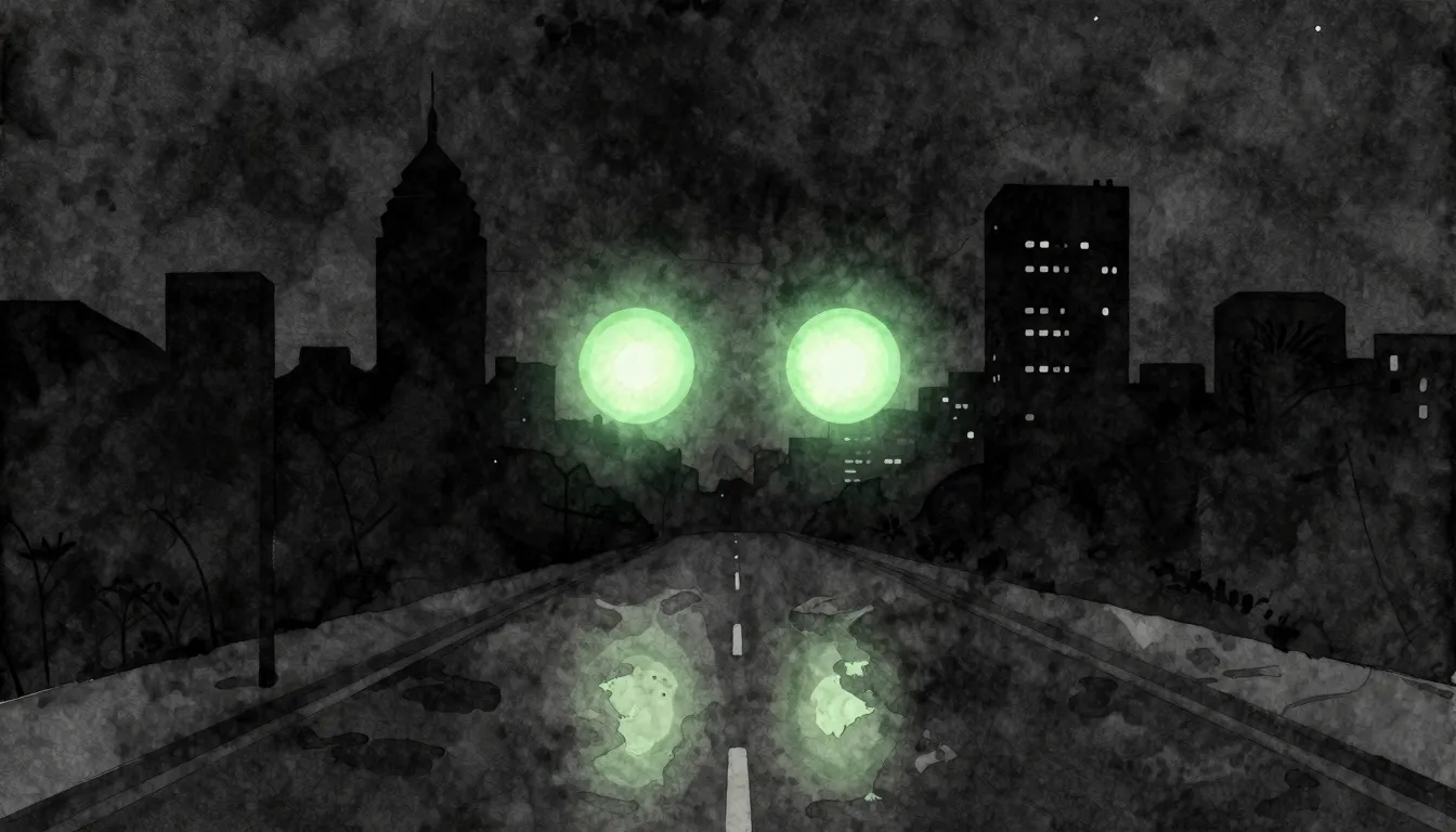 Watercolor style. A dark silhouette of a city skyline at nig...