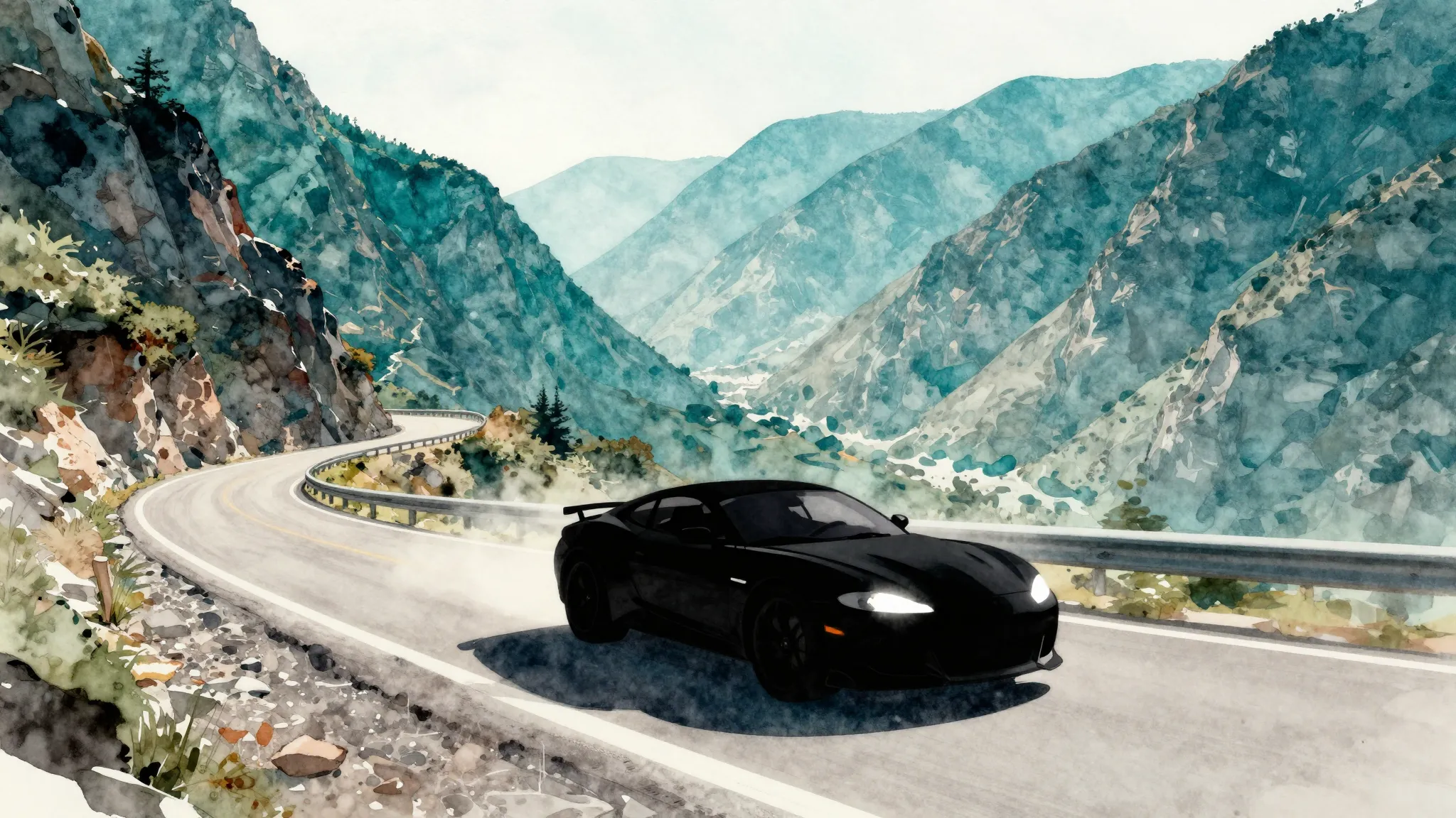 Watercolor style. Silhouette of a fast car driving on a wind...