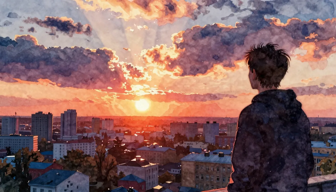 Vibrant watercolor style. Rap album cover. Izhevsk city at s...