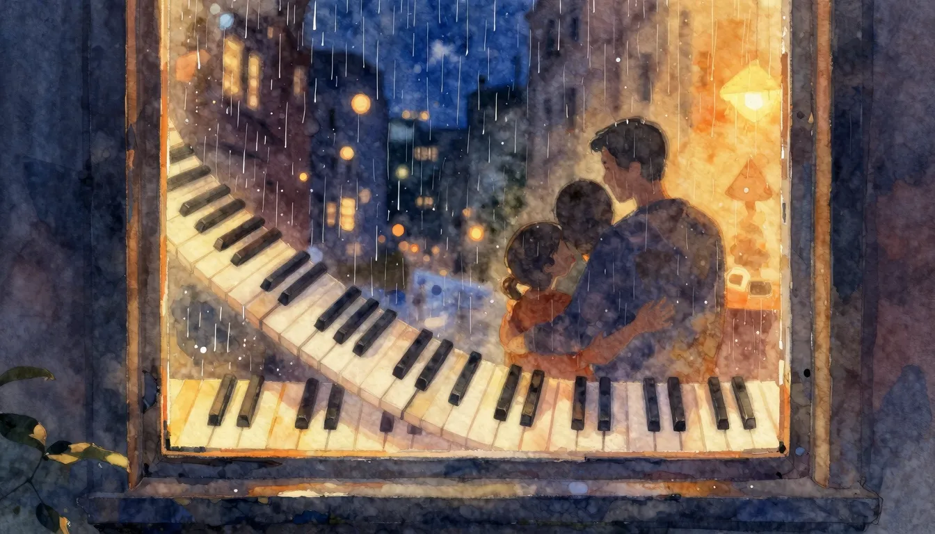 Vibrant watercolor style. A warm, glowing window in a rainy ...
