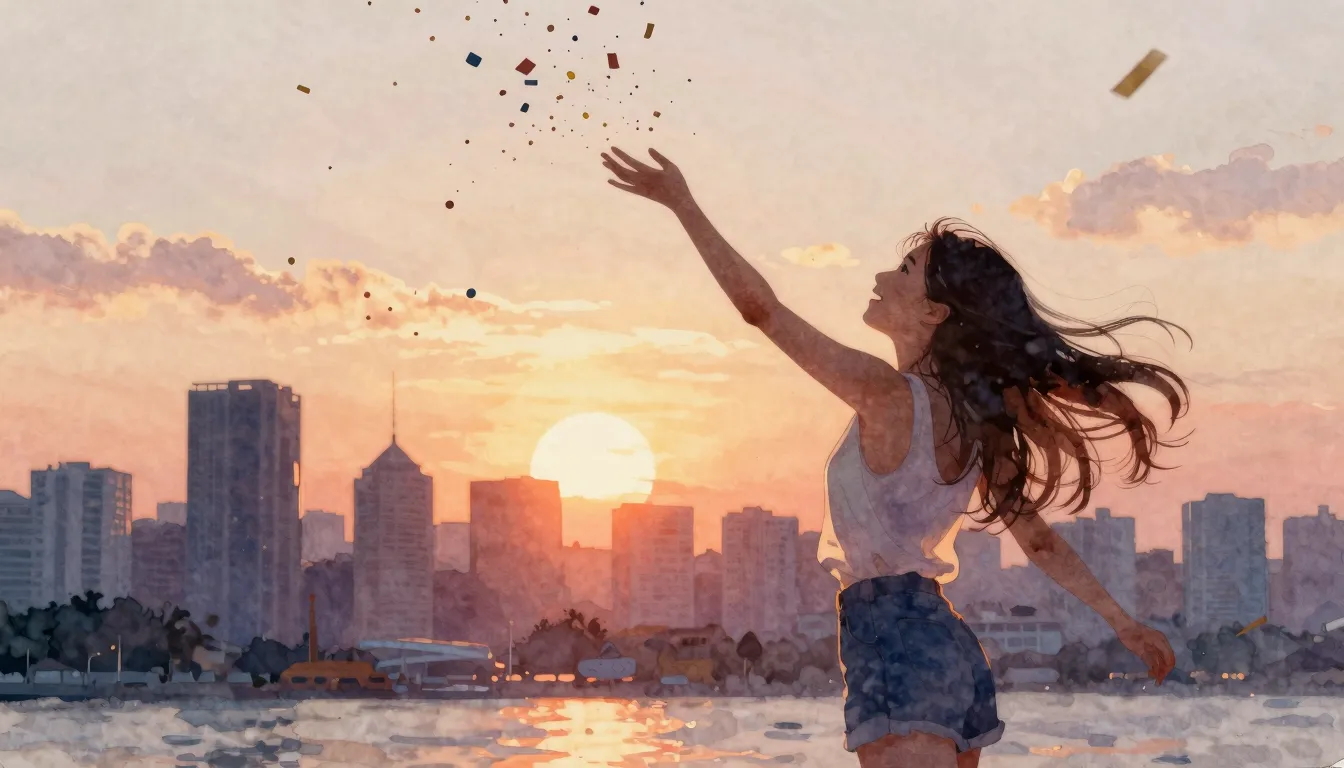 Watercolor style. A silhouette of a woman joyfully throwing ...